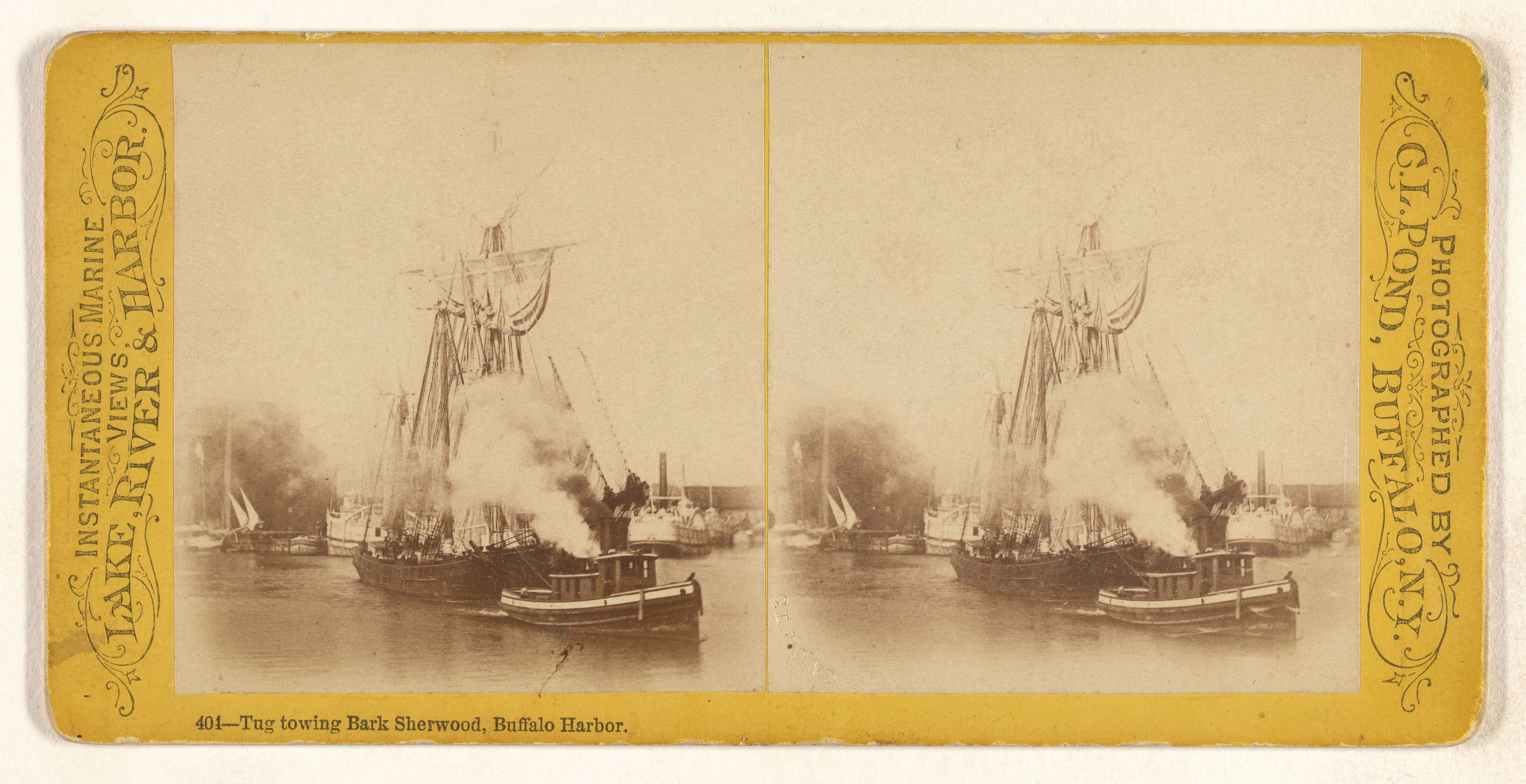 Tug towing Bark Sherwood, Buffalo Harbor.