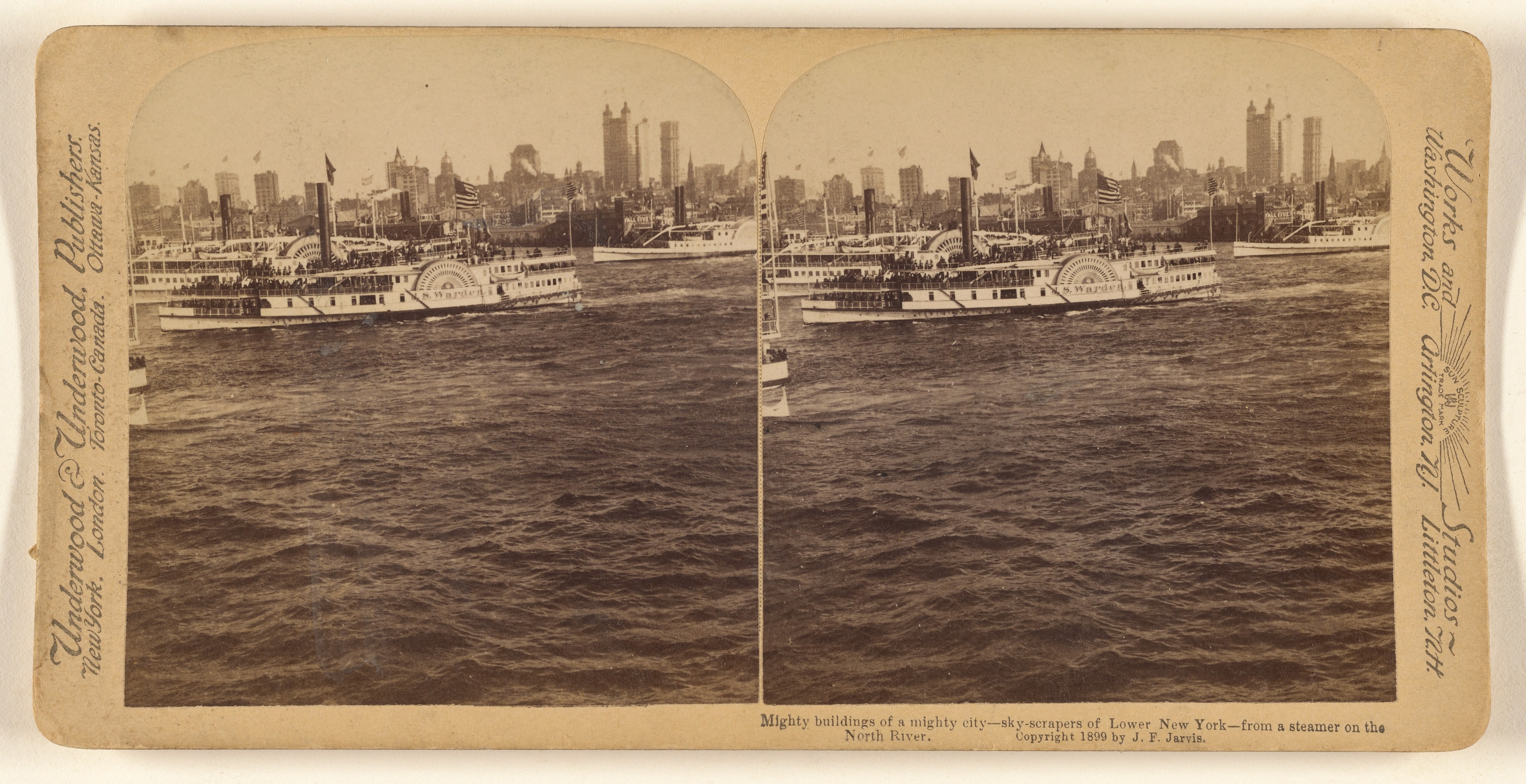 Mighty Buildings of a mighty city - skyscrapers of Lower New York - from a steamer on the North River.