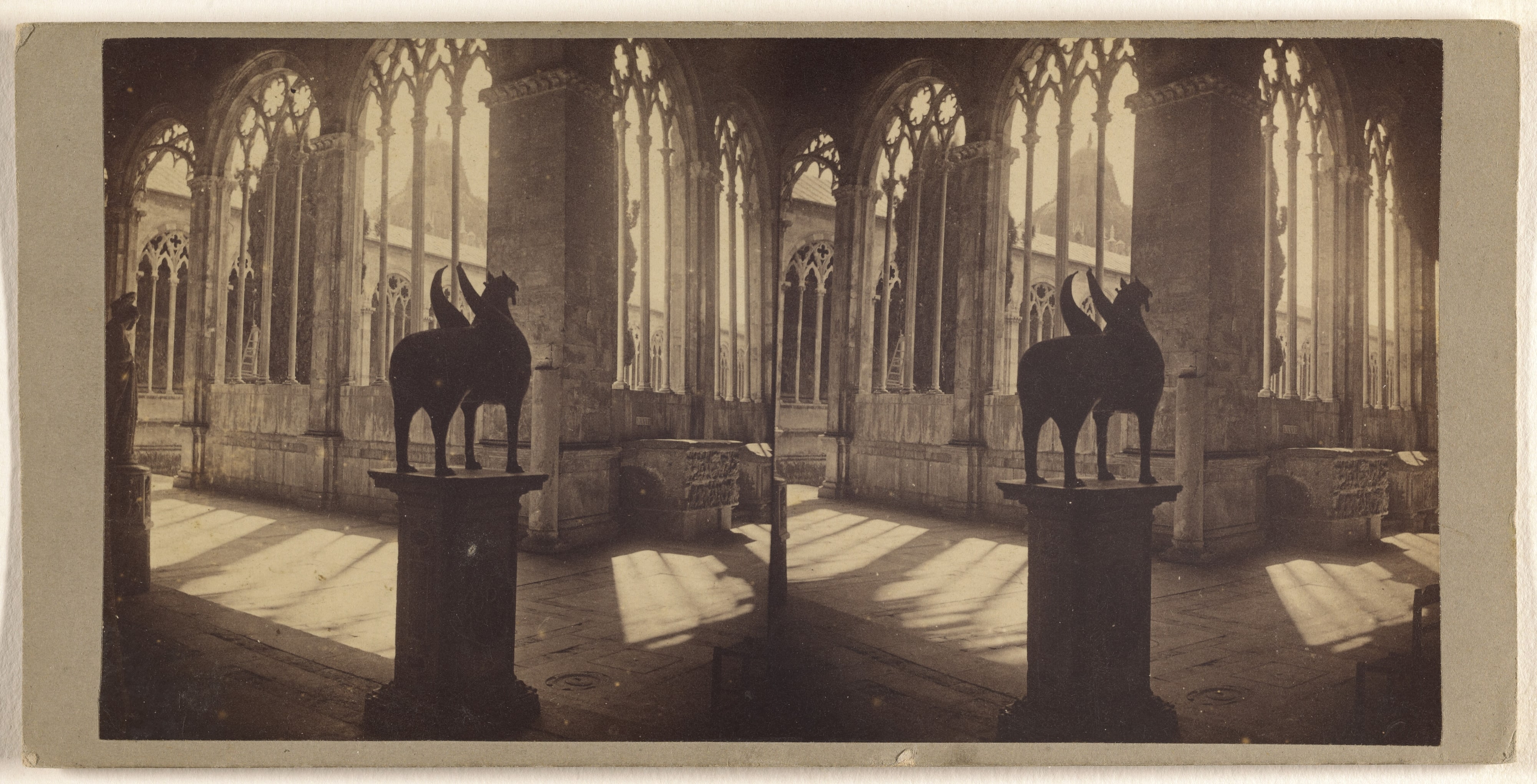 [Interior of unidentified Italian buidling, sculpture in foreground]