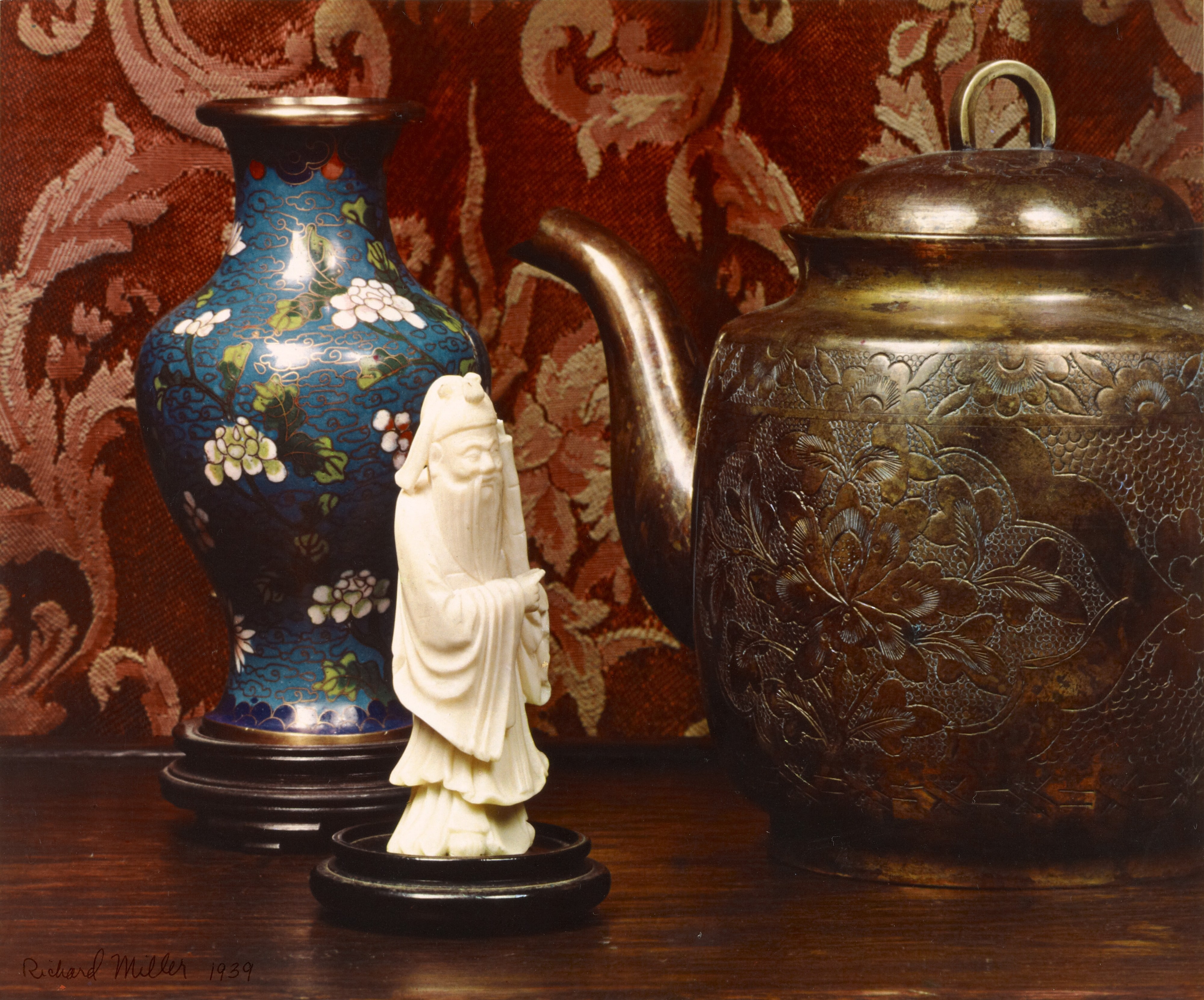 Ivory Statue, Cloisonné Vase, and Copper Teapot