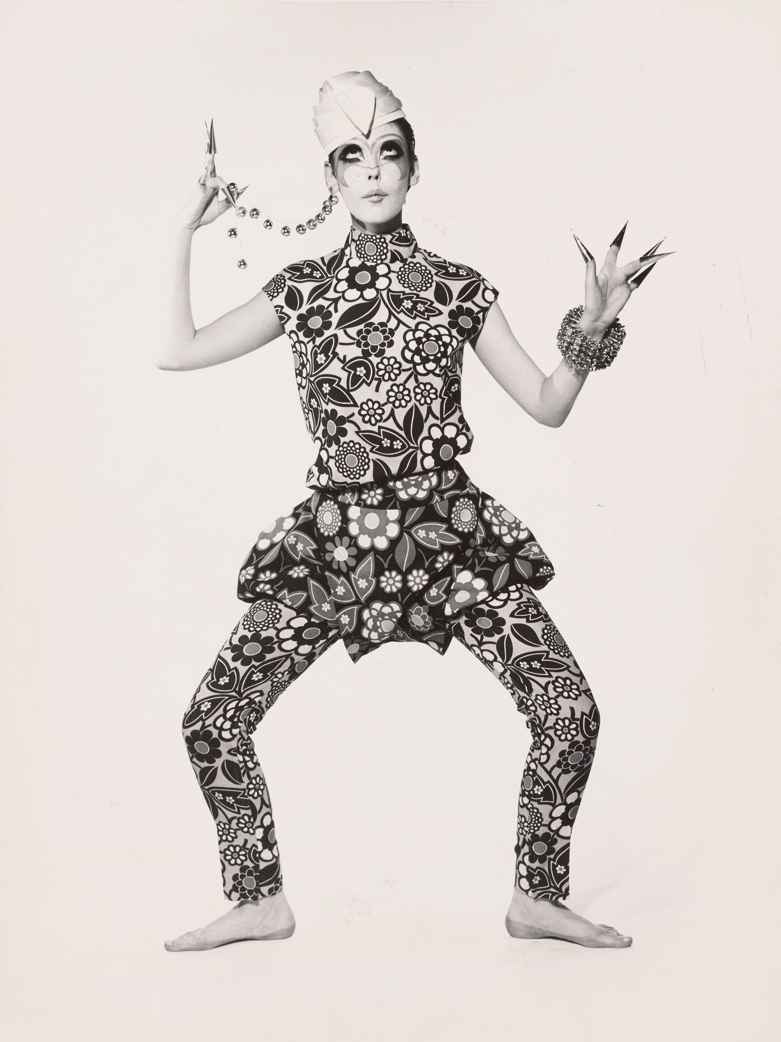 Peggy Moffitt in "Siamese" Cotton Print Blouse and Pants by Rudi Gernreich