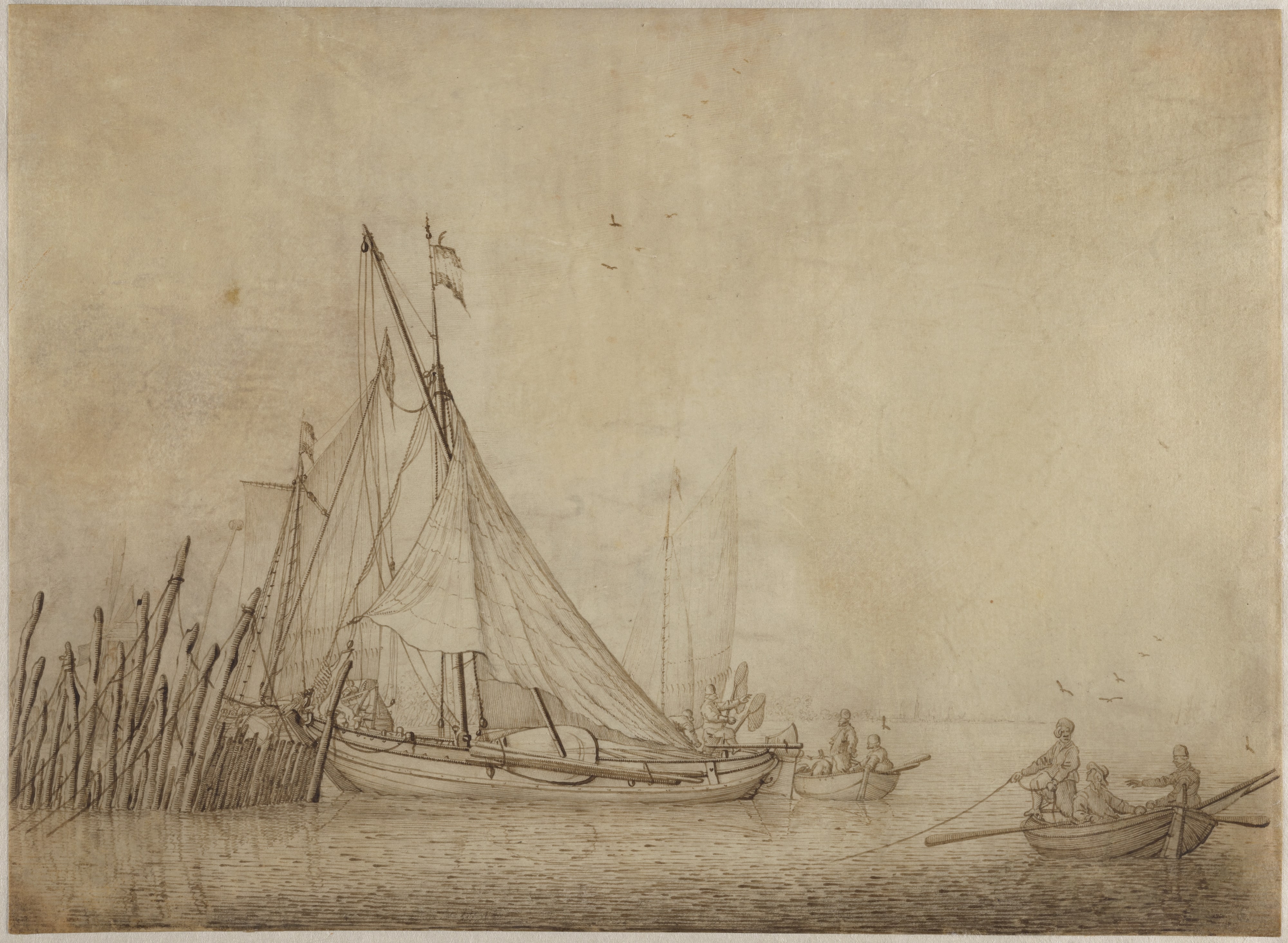 Ships at a Fishing Weir with a City in the Background
