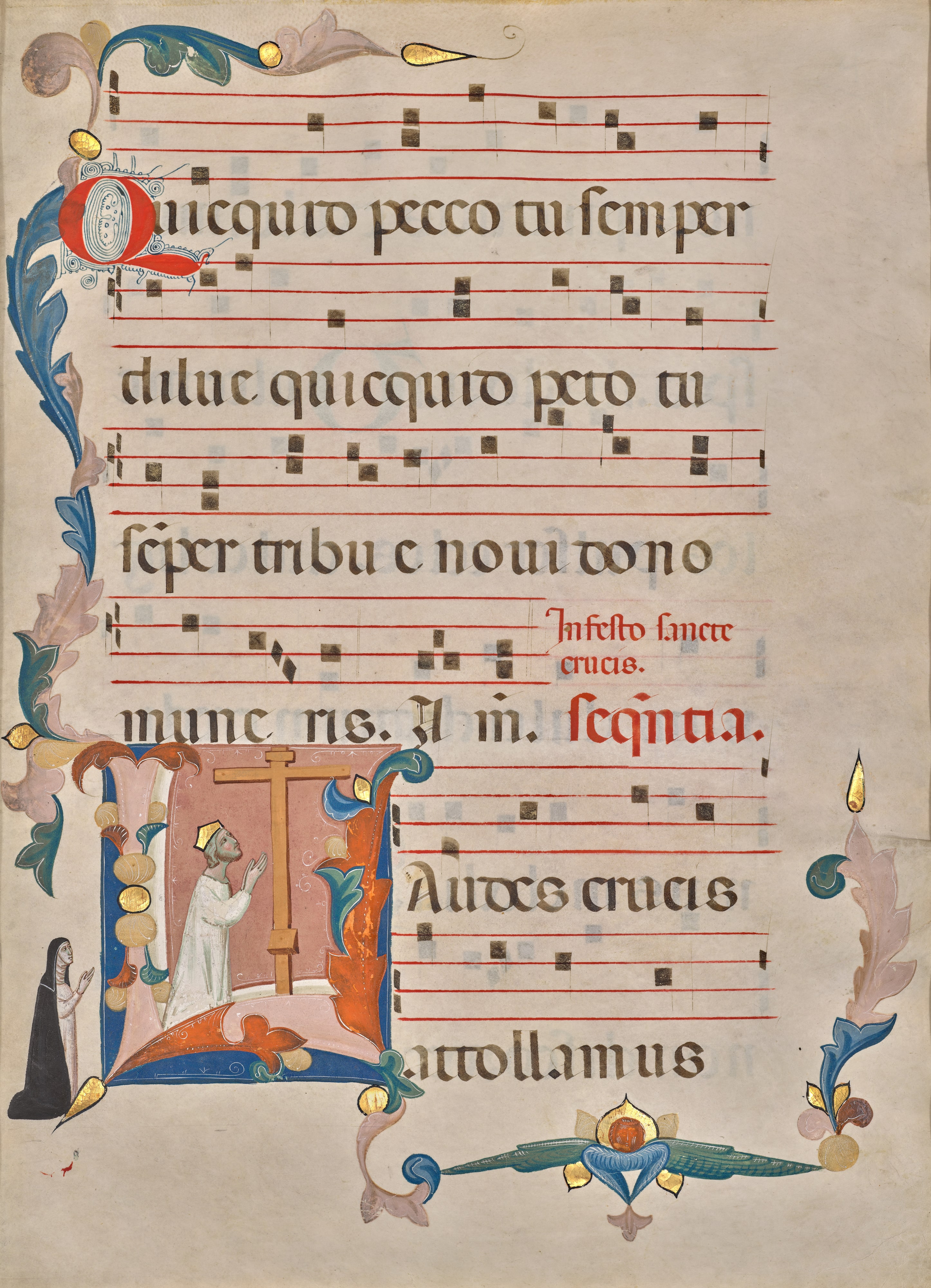 Initial L: Heraclius Adoring the Cross, leaf from a gradual