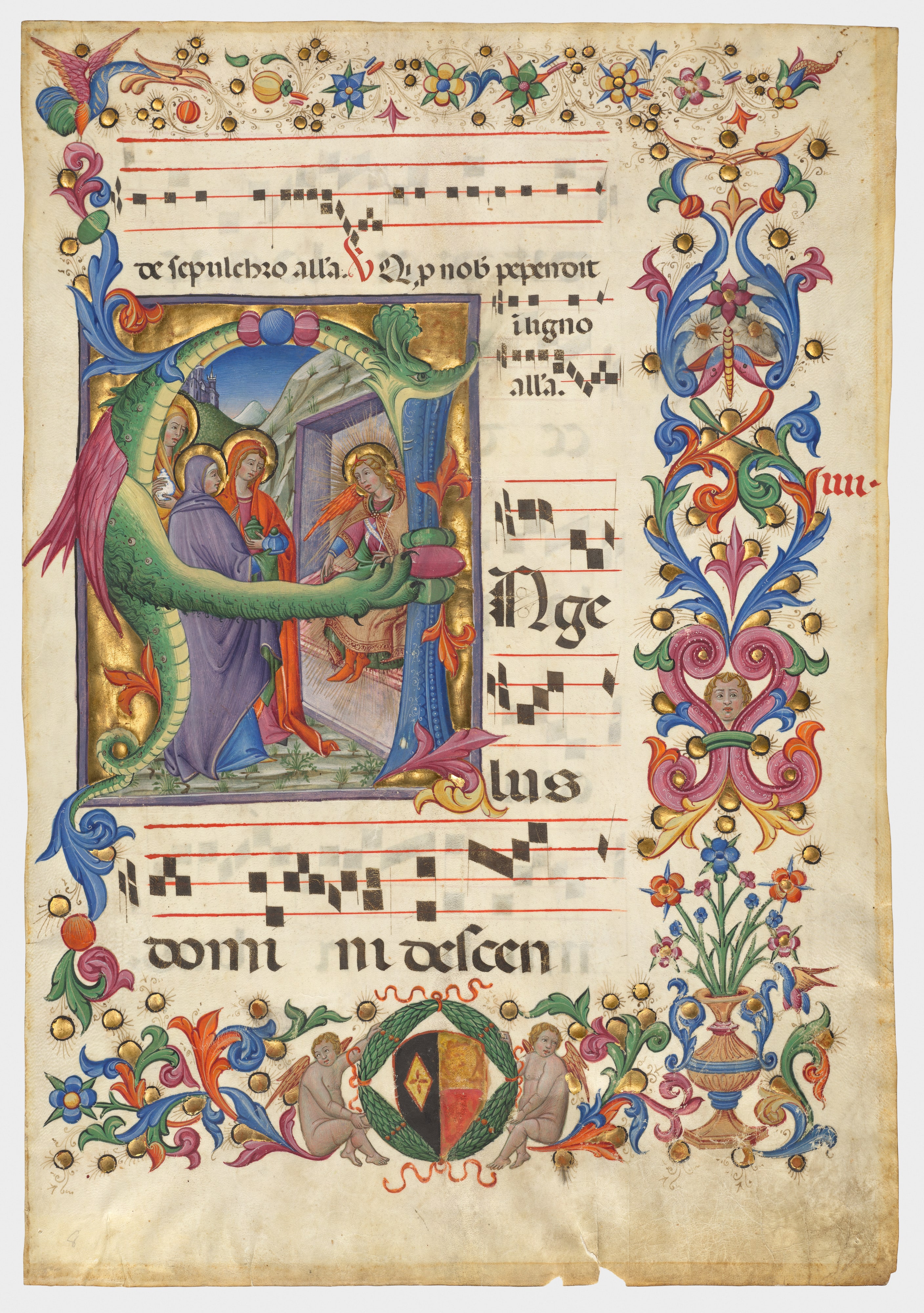 Initial A: The Three Marys at the Tomb, leaf from an antiphonal