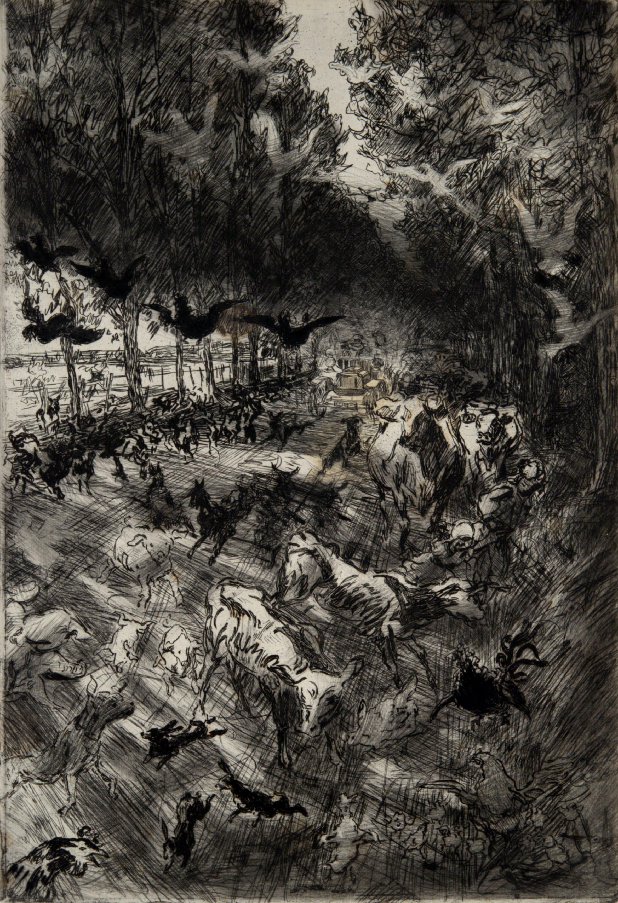 Untitled (Animals fleeing from an automobile)