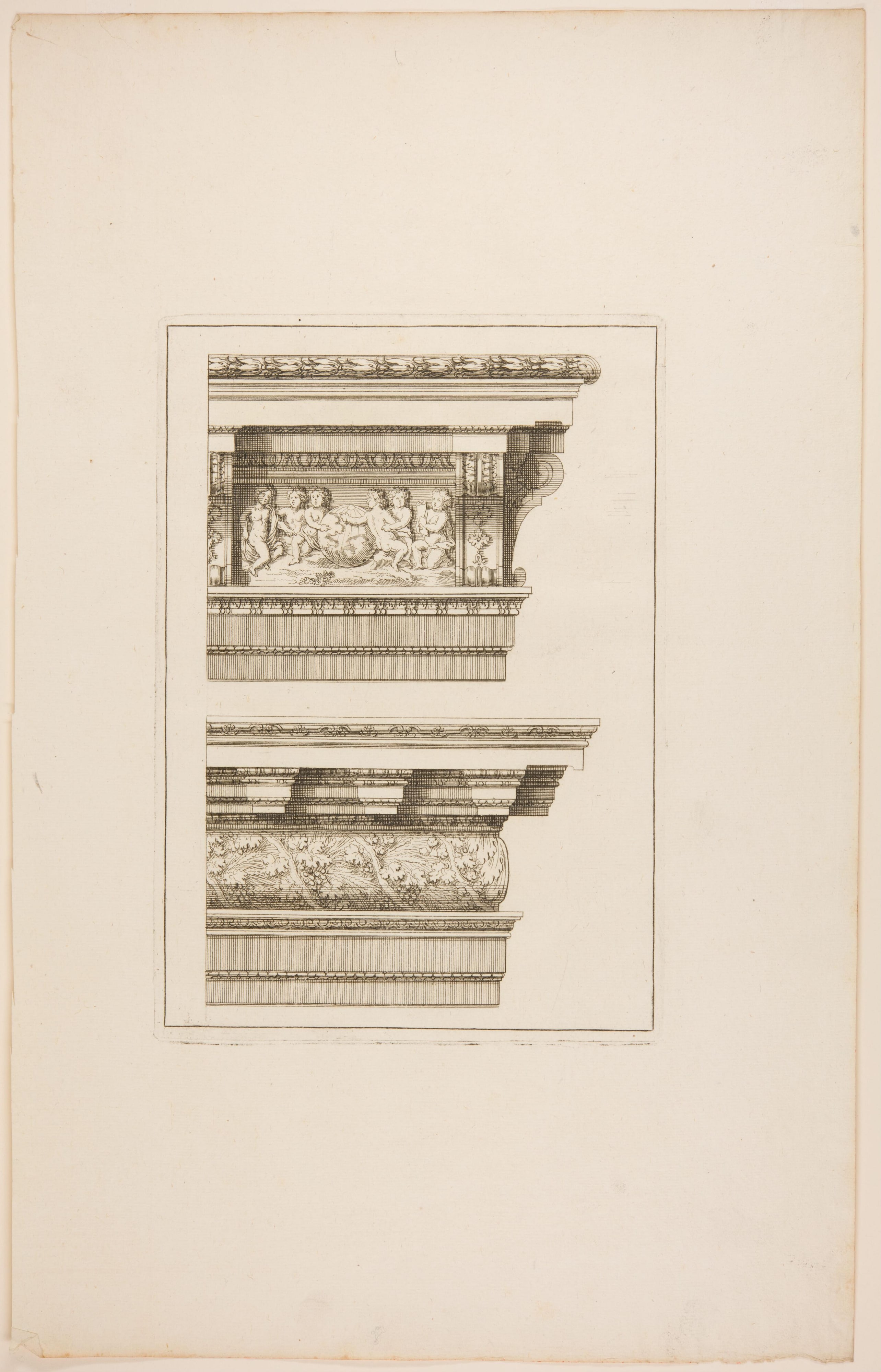 Two Designs for Cornices, One with Infants Seated around a Globe