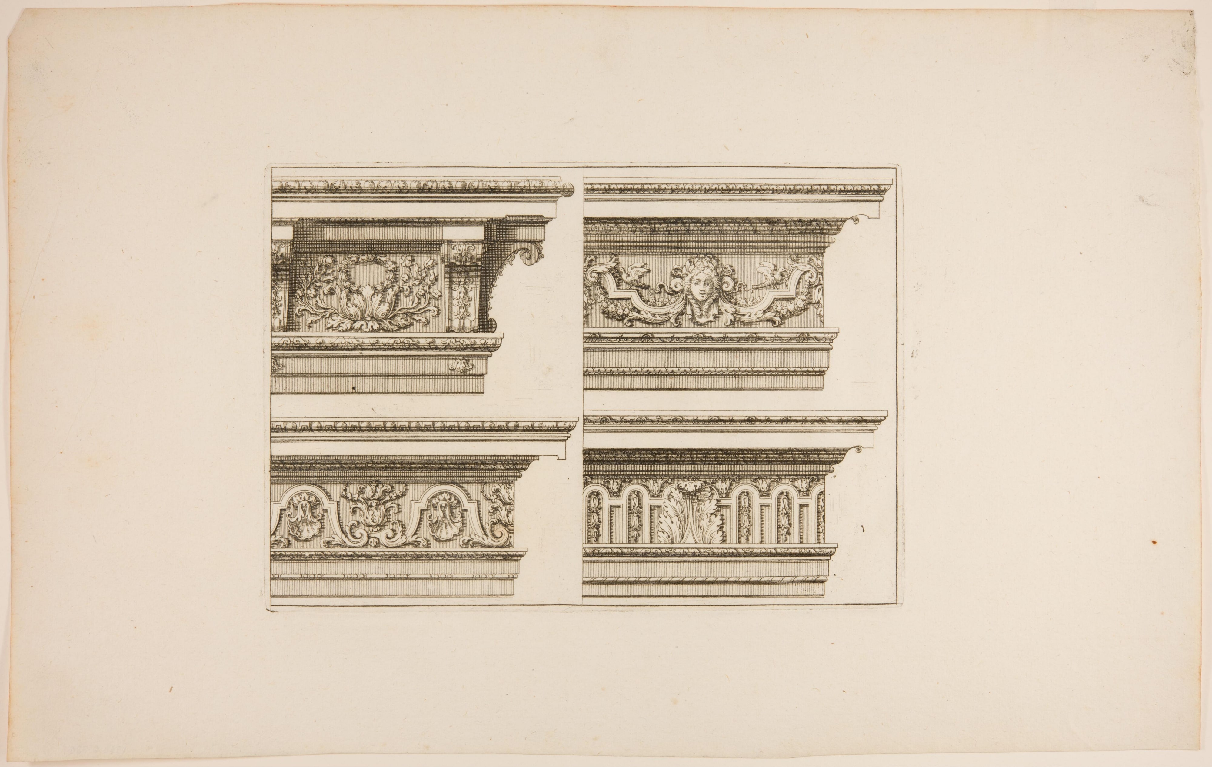 Four Designs for Cornices, One with a Female Head