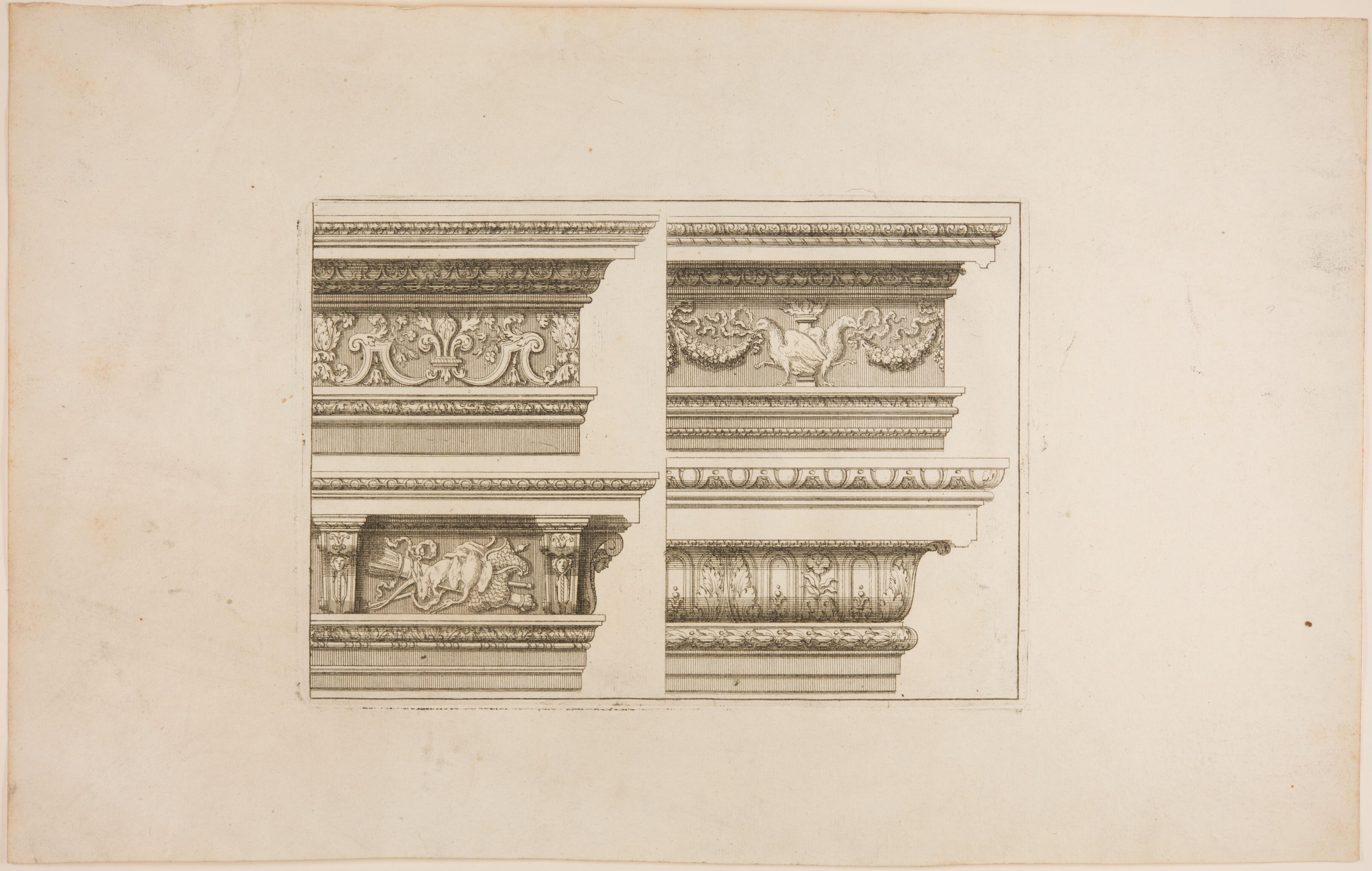 Four Designs for Cornices, One with a Hunting Trophy