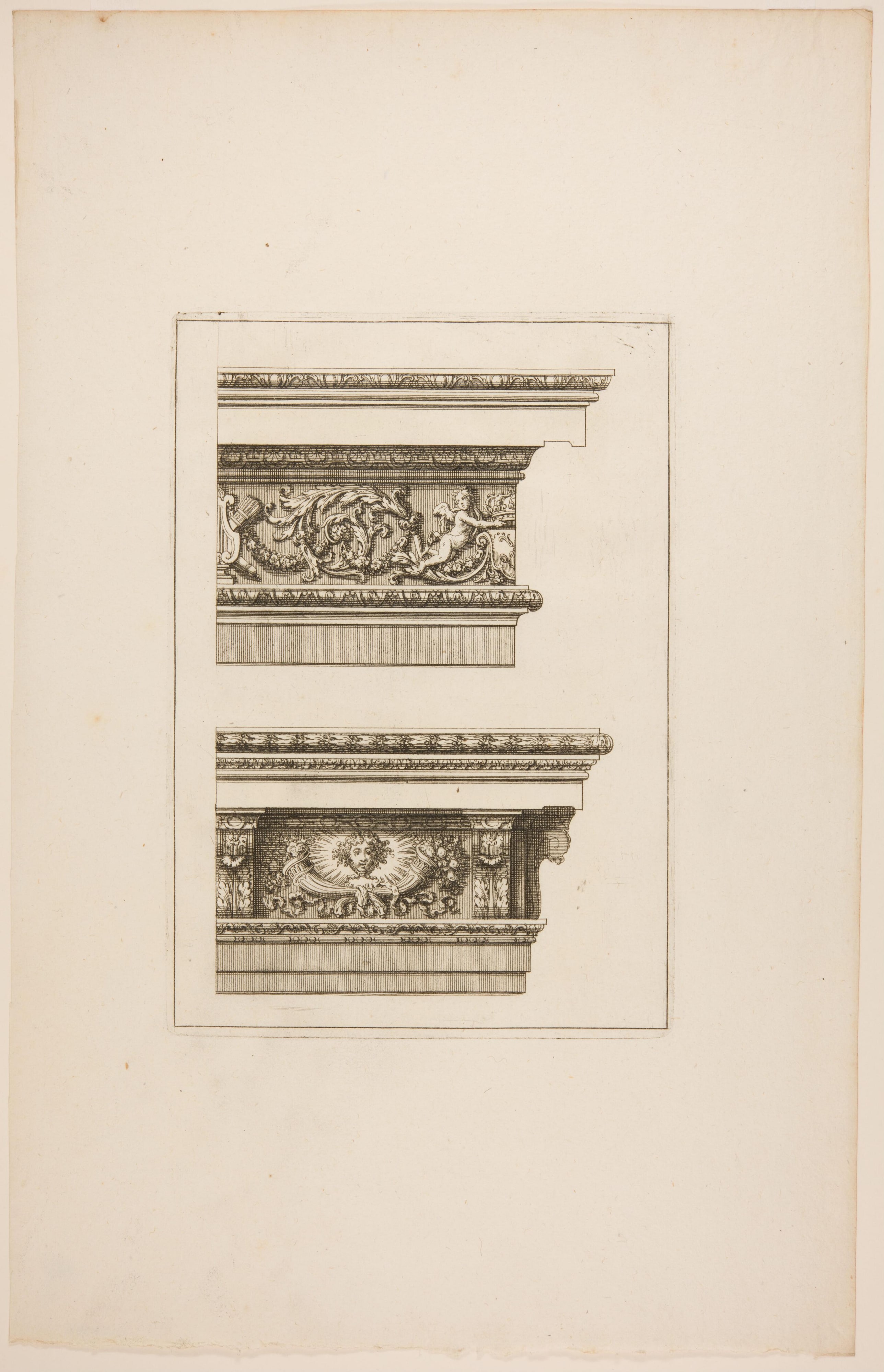 Two Designs for Cornices, One with a Head of Apollo