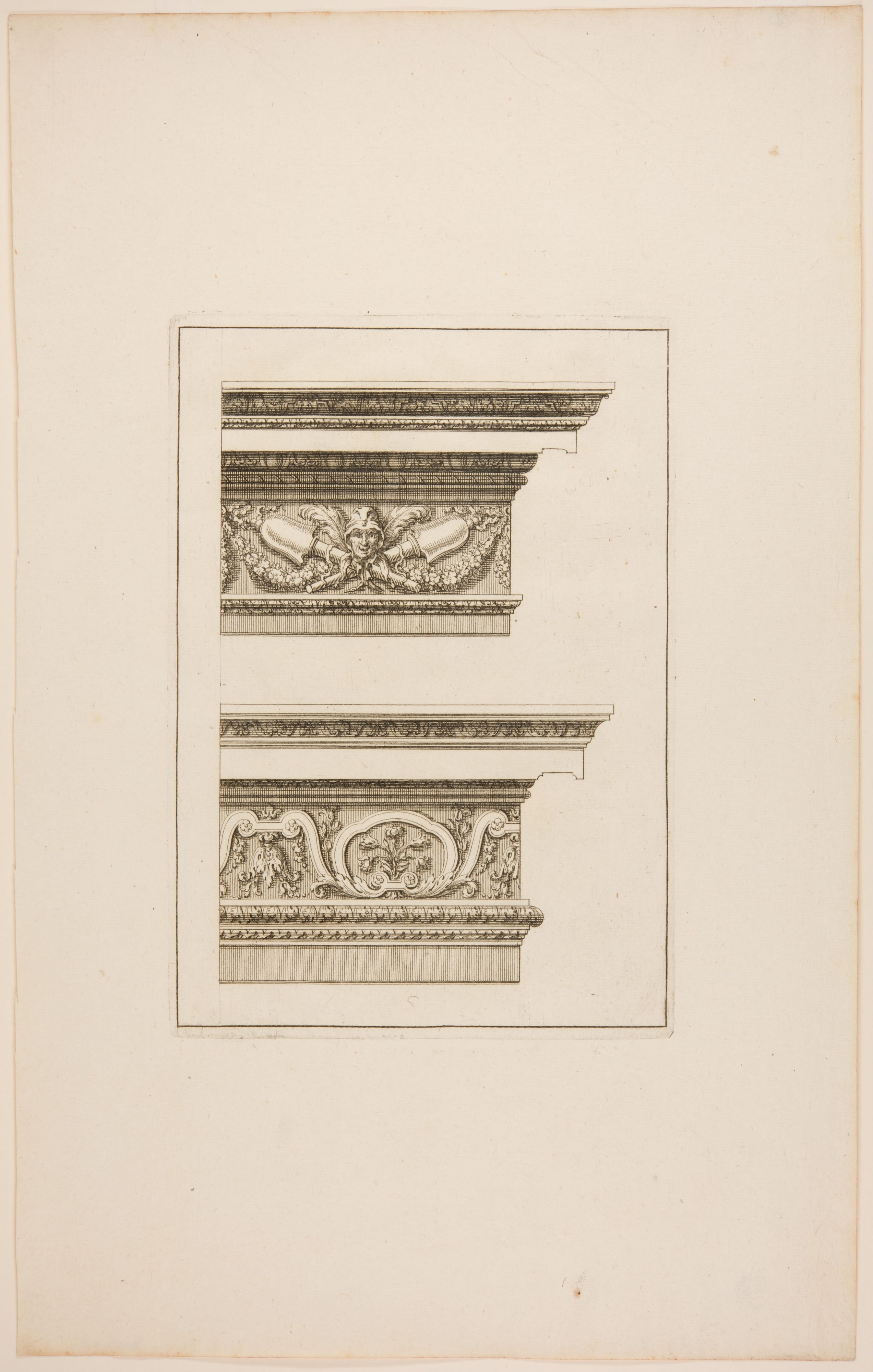 Two Designs for Cornices, One with a Marine Head between Two Rudders