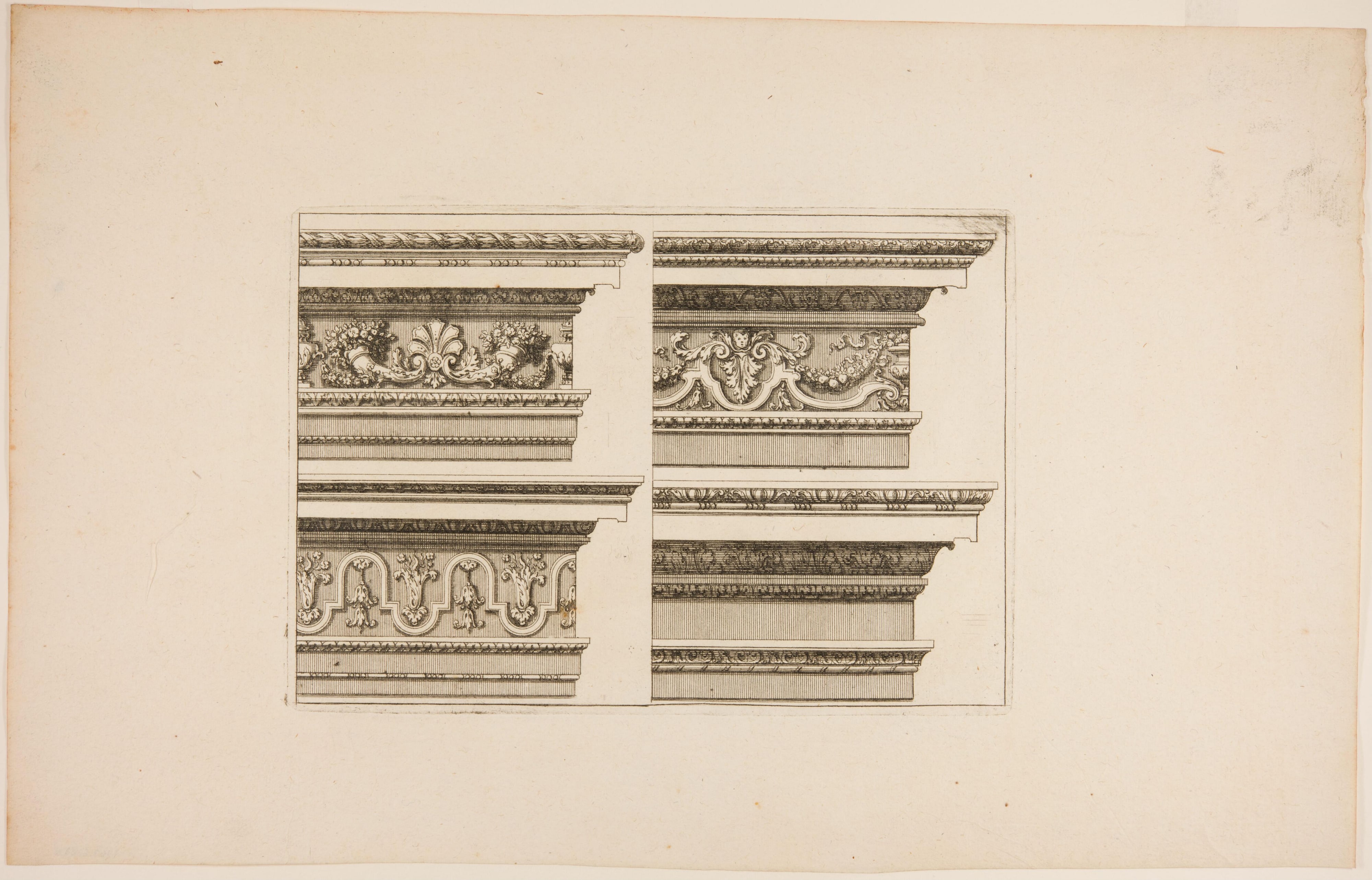 Four Designs for Cornices, One with an Unornamented Frieze
