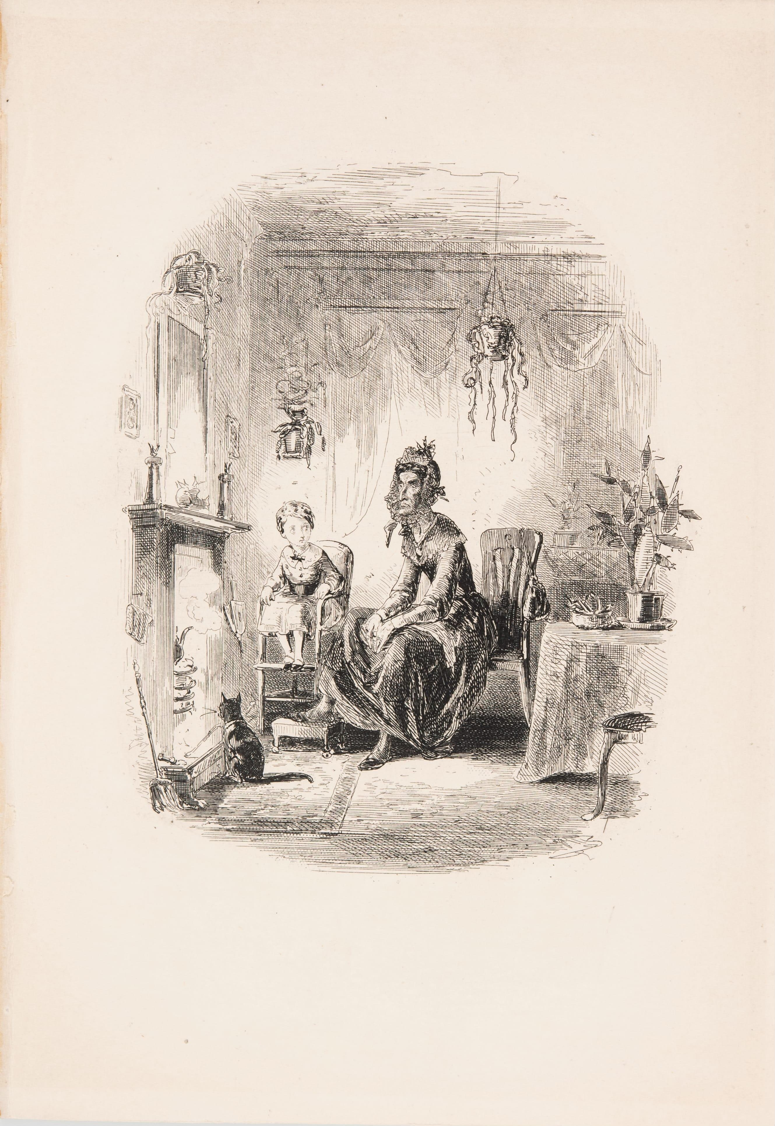 Untitled (Woman, child, and cat in front of a fireplace)