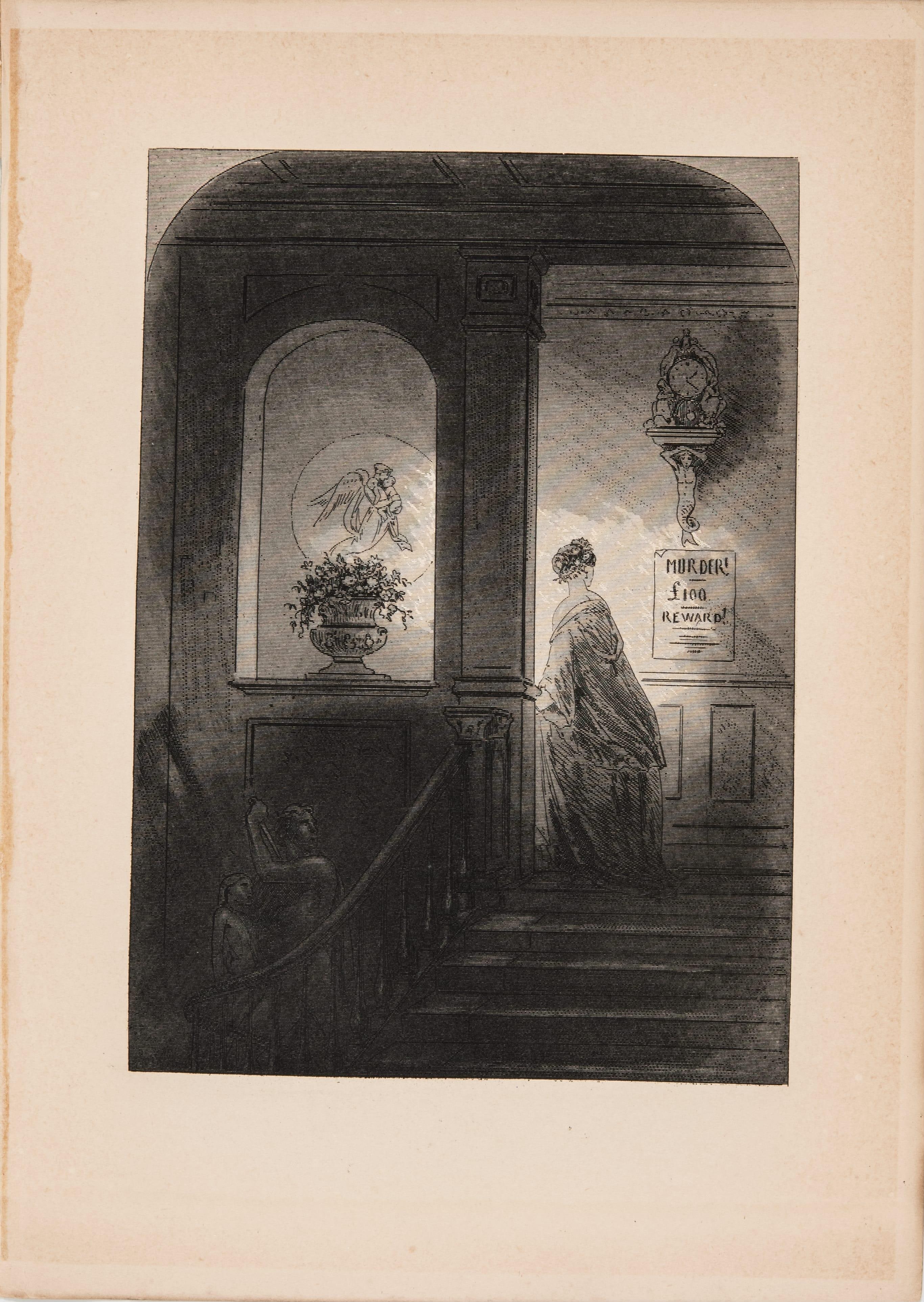 Untitled (Woman at top of stairs, with sign -- "Murder - $100 reward")