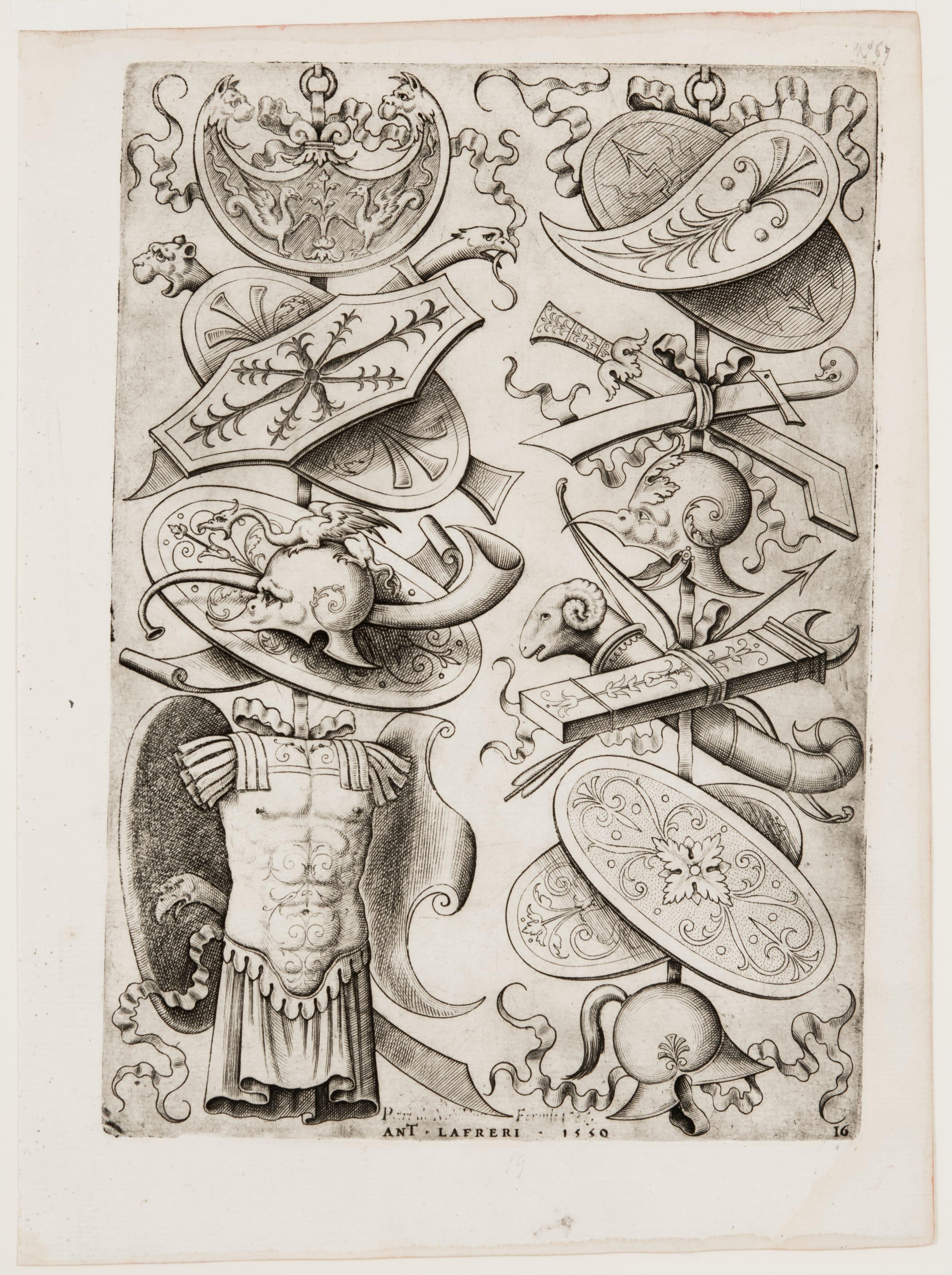 Two Trophies with a Cuirass at Lower Left