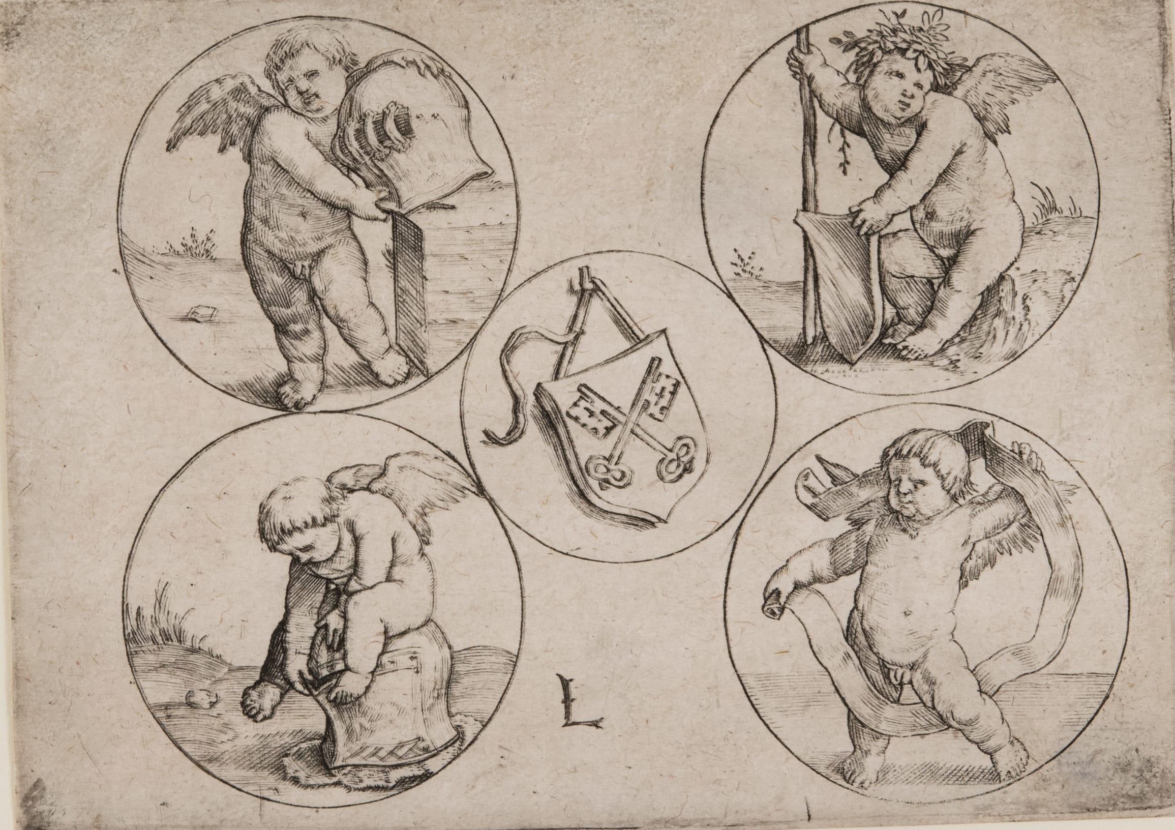 Coat-of-Arms of the City of Leyden surrounded by Four Genii in Circles