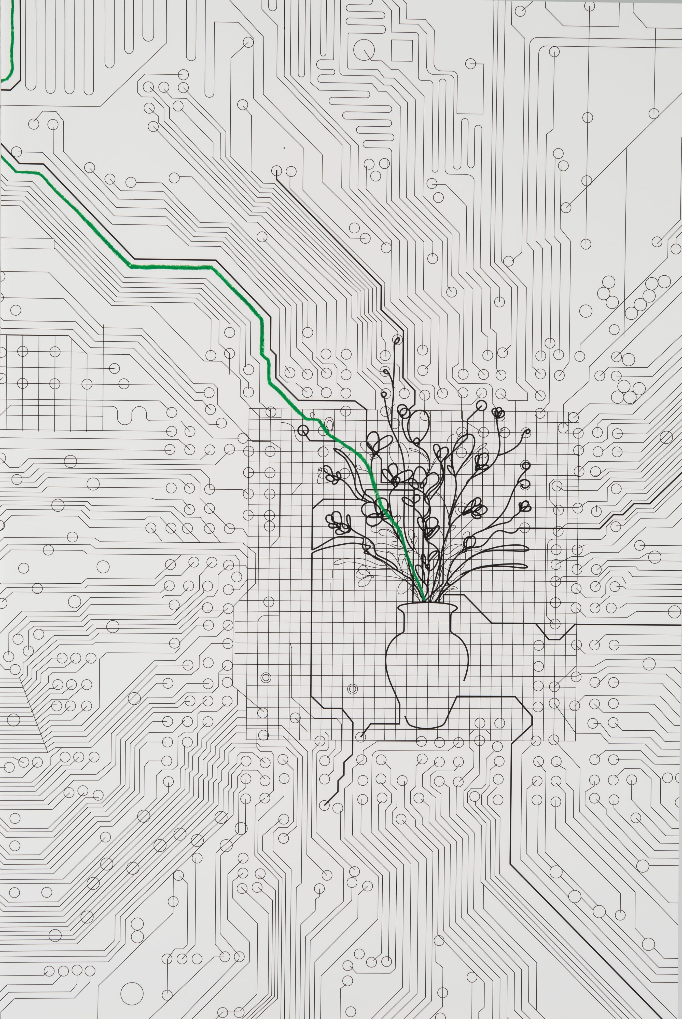 Bouquet of Flowers within Circuit Board (with Green Line)