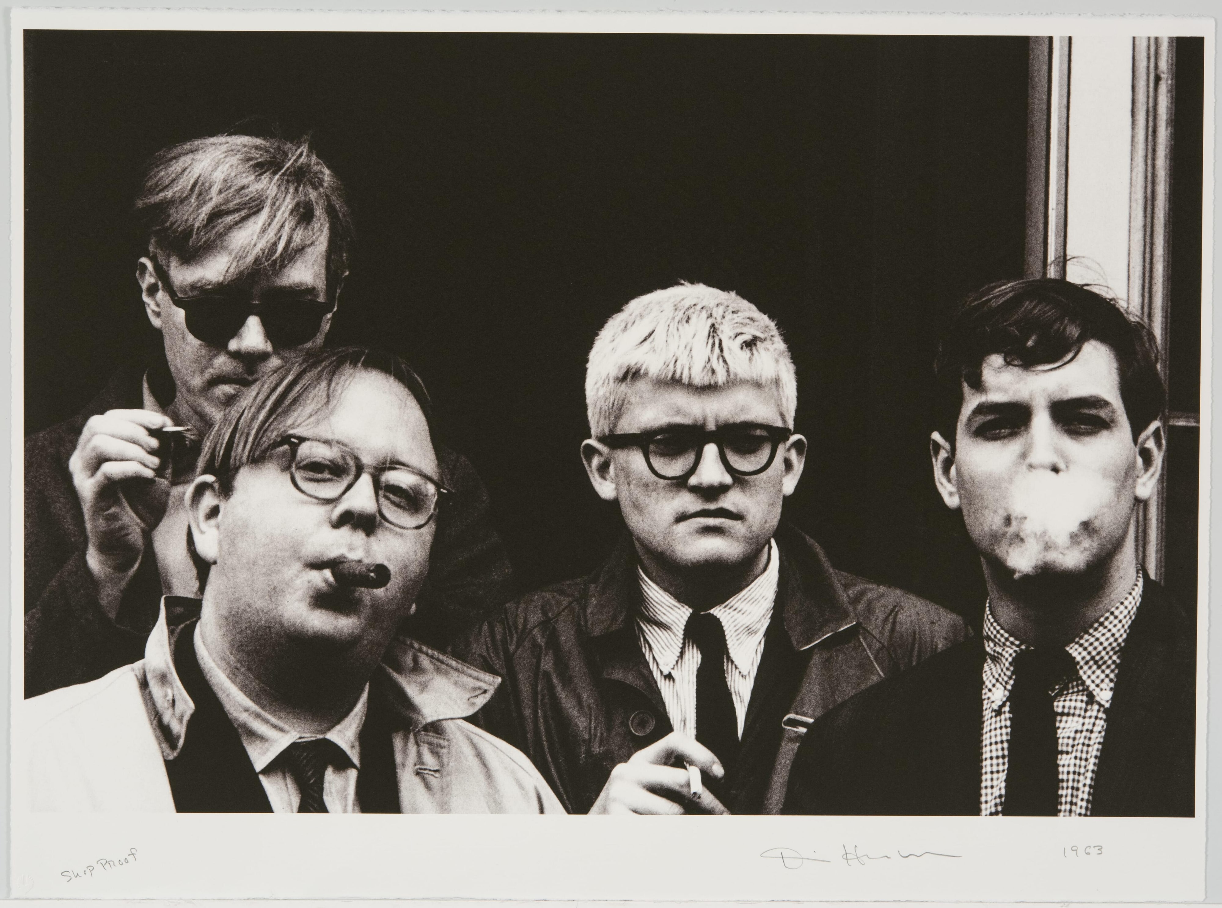 Andy Warhol, Henry Geldzahler, David Hockney, and Jeff Goodman, 1963