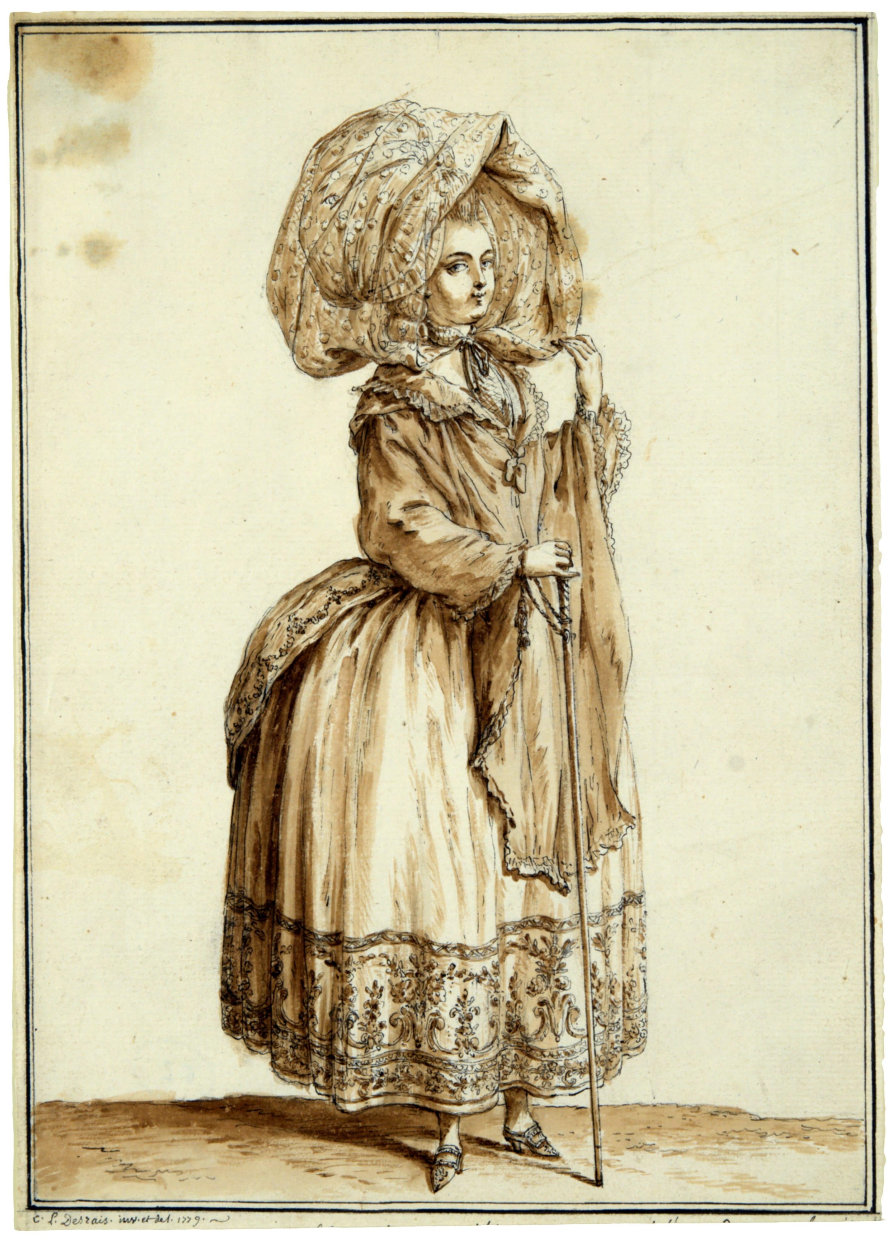 Polonaise de taffetas garnie de bordures d'amadices...un bonnet roud ceint d'un sure-tete...