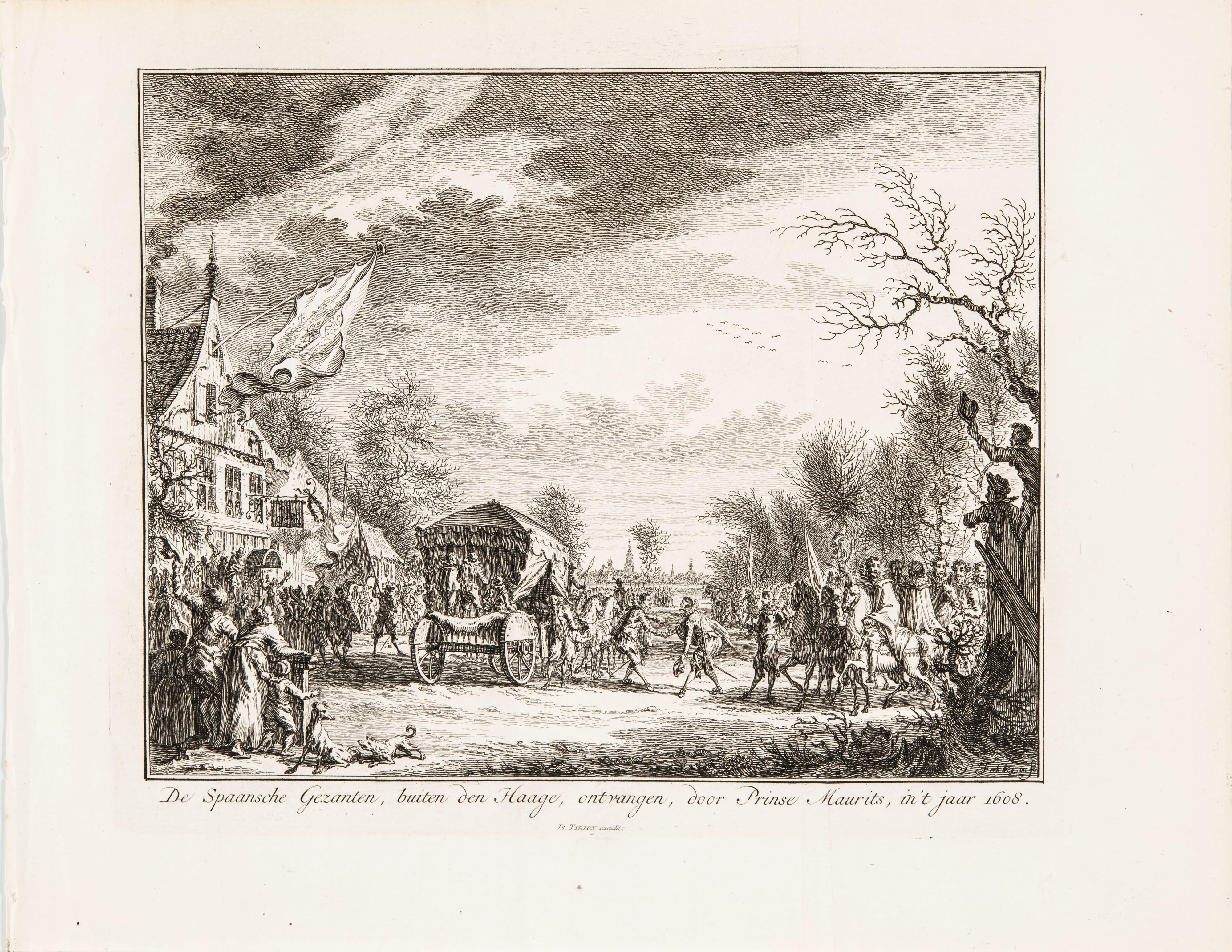De Spaansche Gezanten, buiten den Haage, ontvangen, door Prinse Maurits, in 't jaar 1608