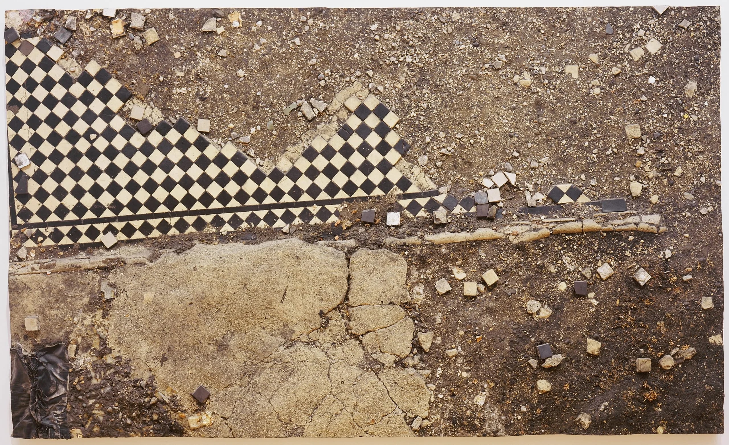 Study of a Black and White Tile Garden Path with Discarded Leather Jacket