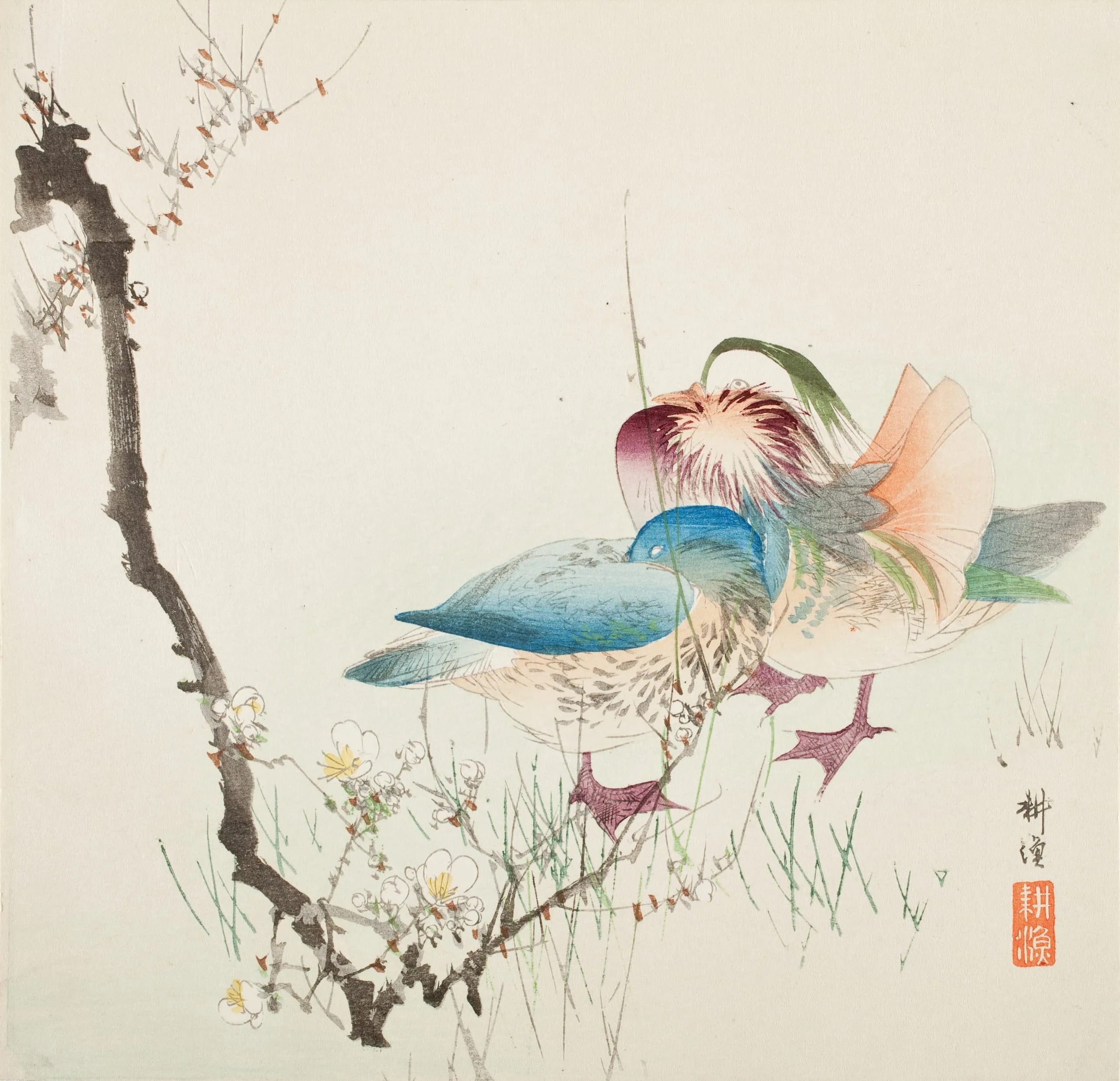 Mandarin Ducks and Plum Branch