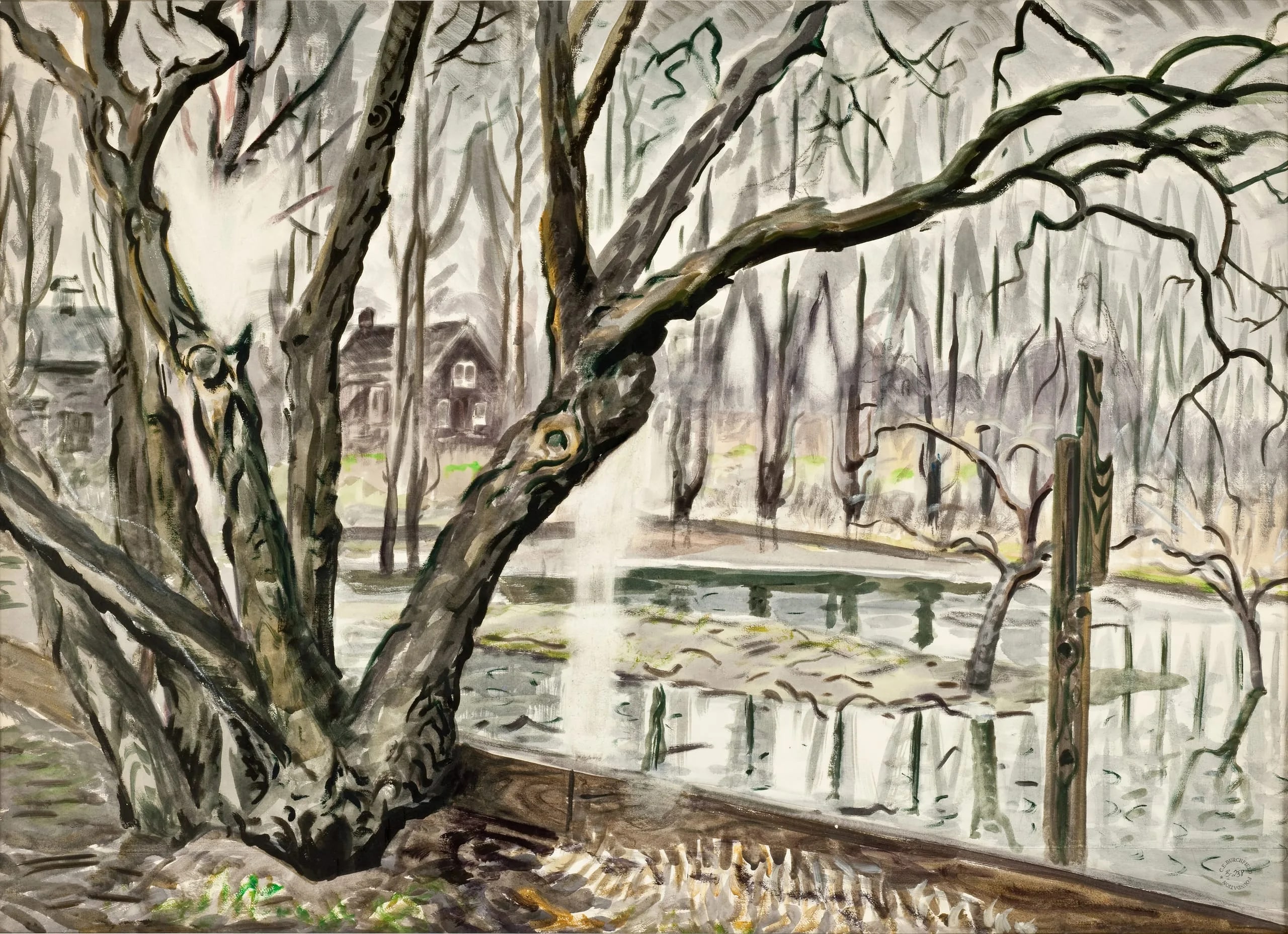 Spring Landscape with Trees and Pond