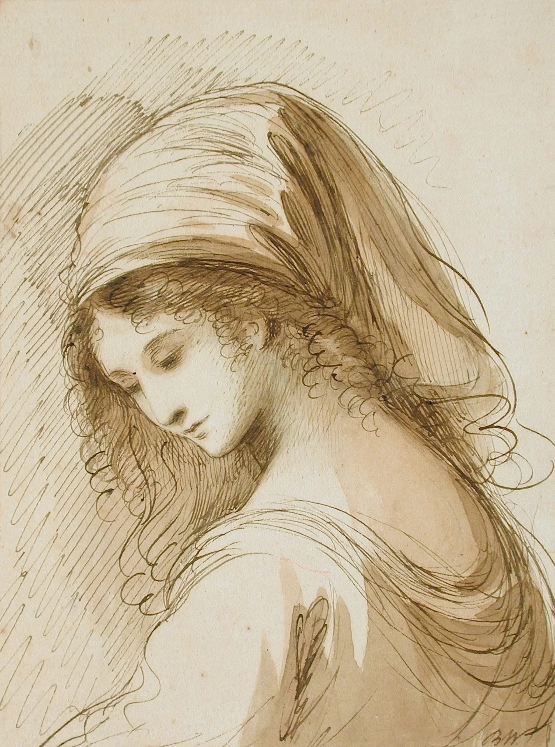 Study of a Woman with Draped Head, Looking Down