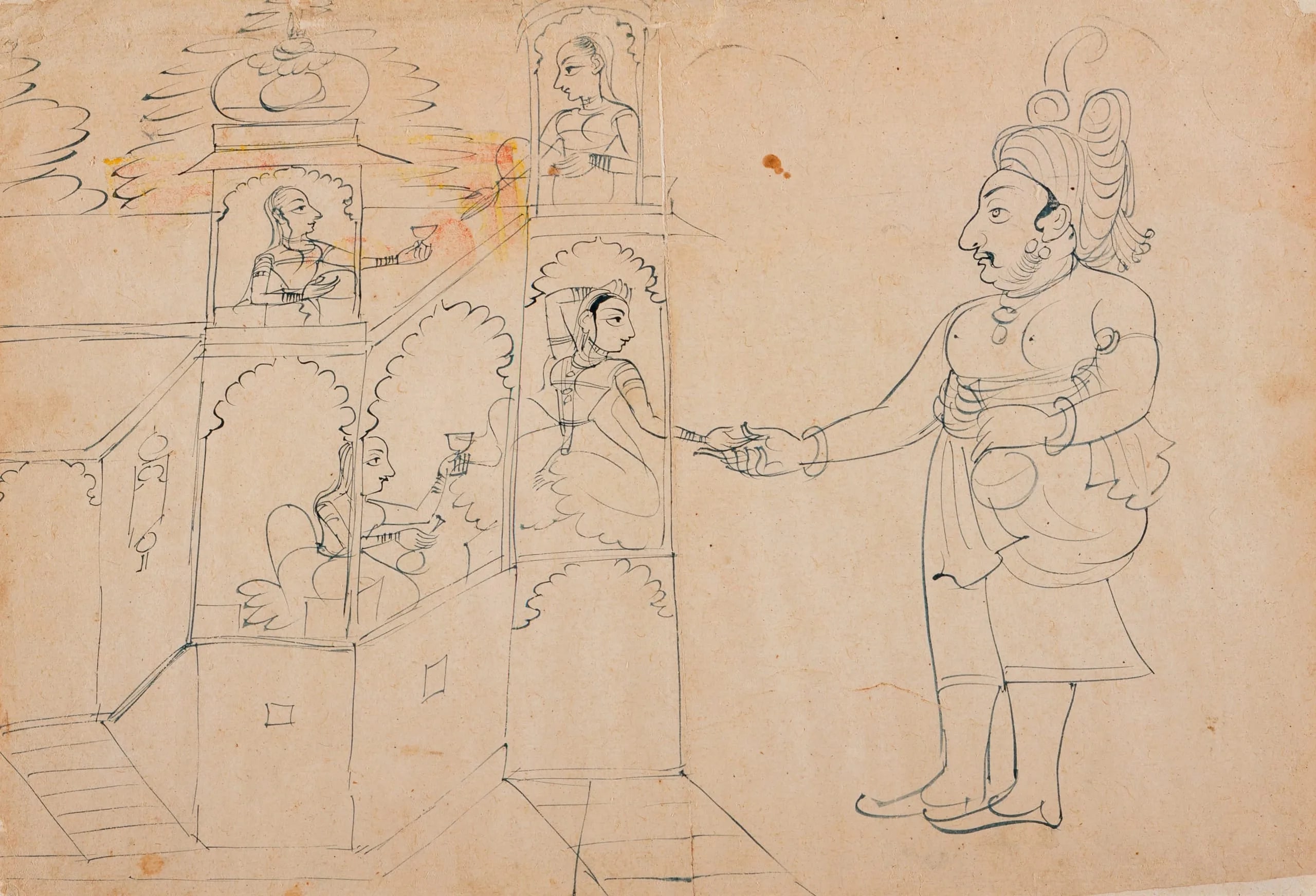 A Man Approaches Women in a Pavilion