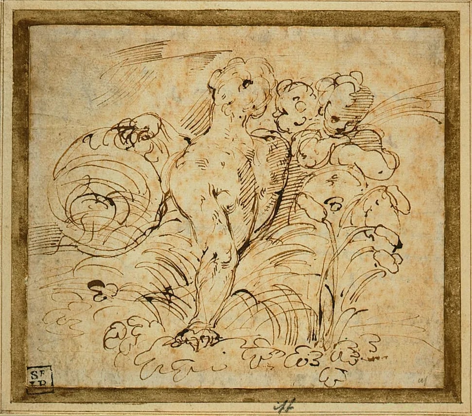 Nude Figure among Foliage Holding a Globe, and Two Putti