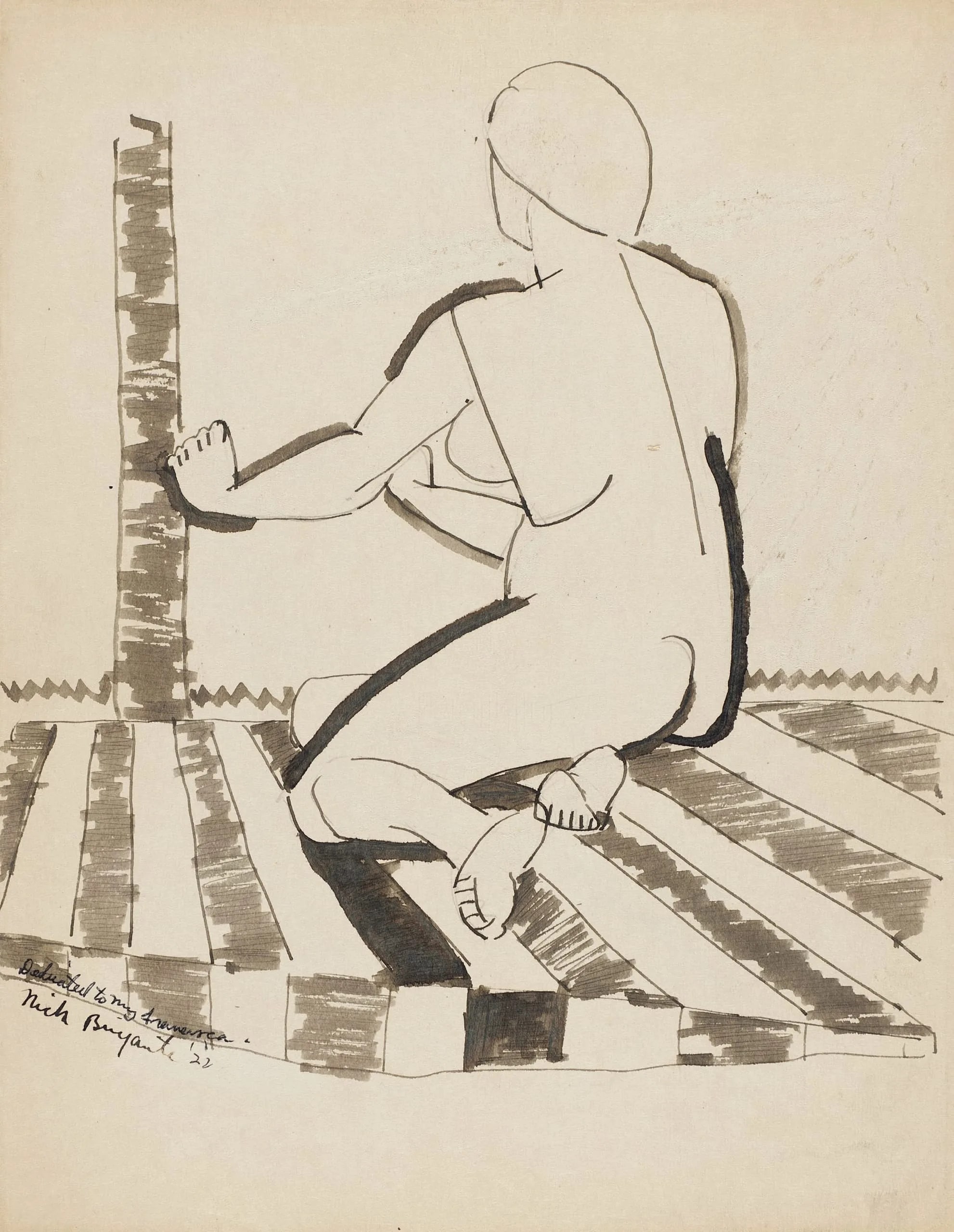 Nude Woman Seated on Stripes (Rear View)