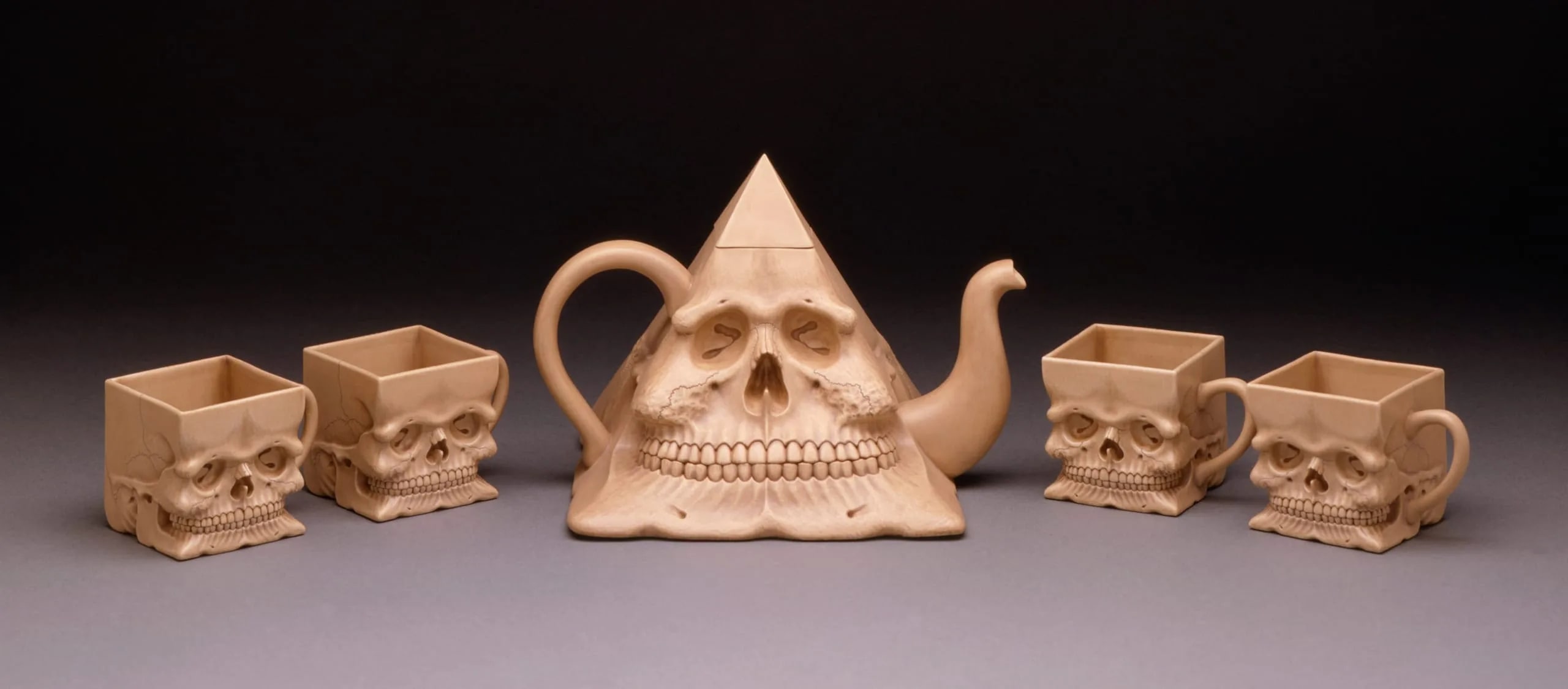 Pyramidal Skeleton Teapot and Four Cube Skull Cups