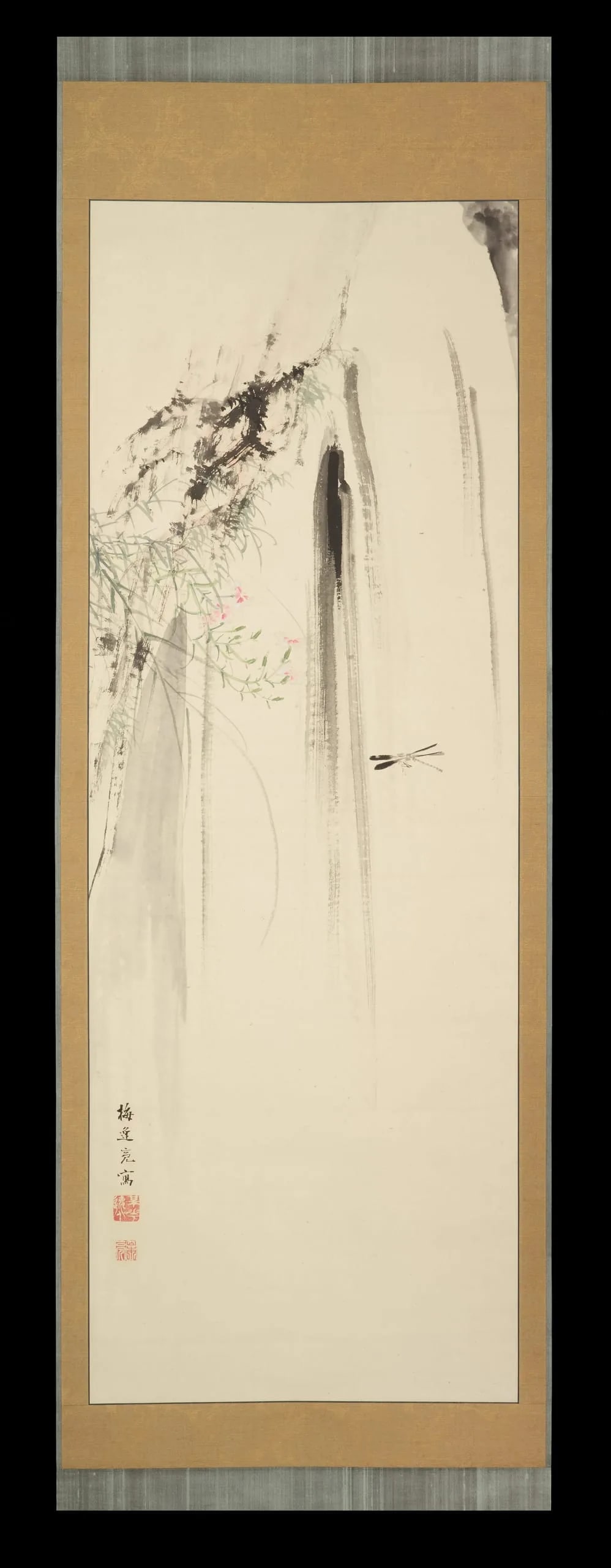 Dragonfly and Pinks with Waterfall
