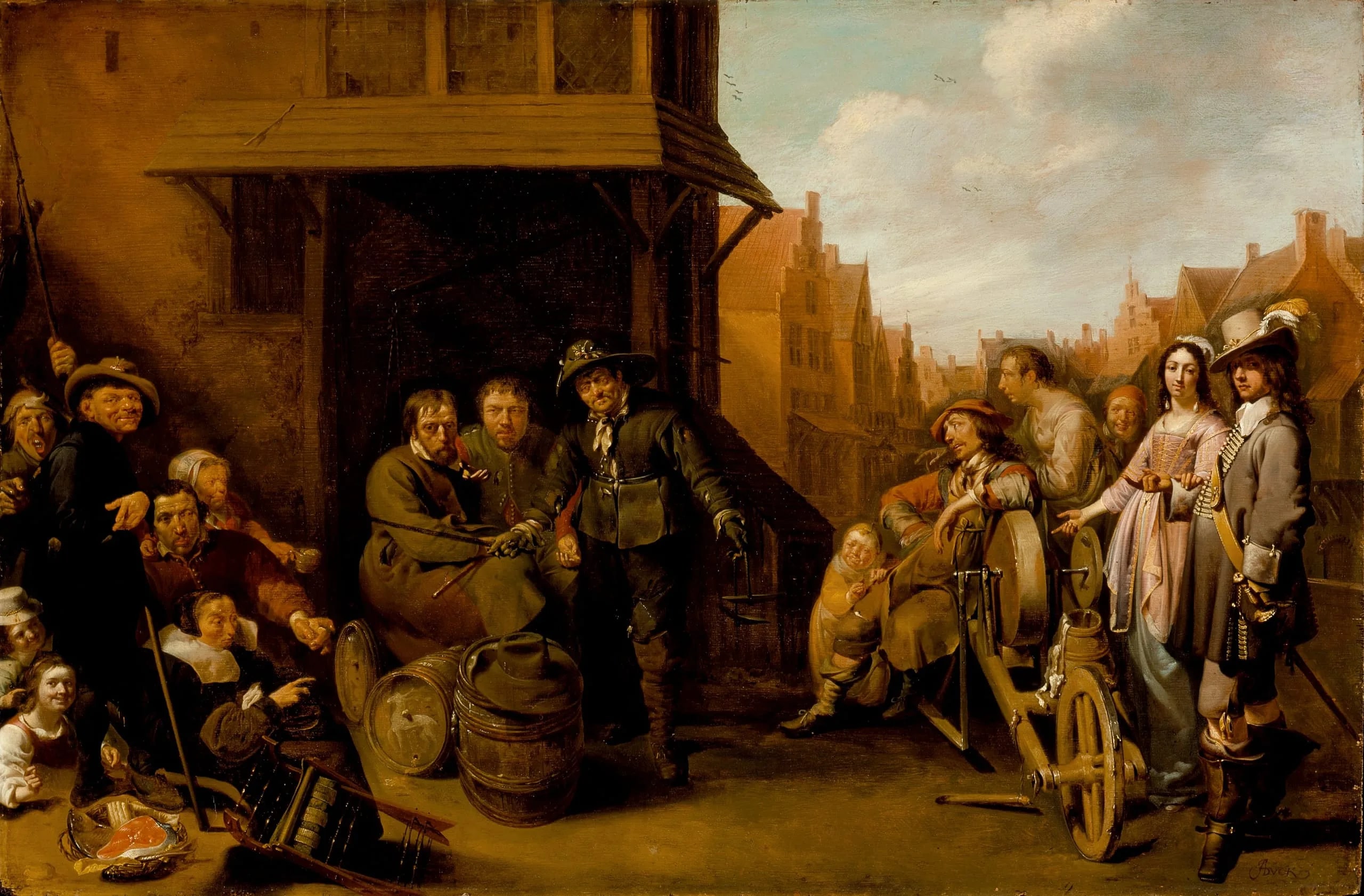 A Street Scene with Knife Grinder and Elegant Couple