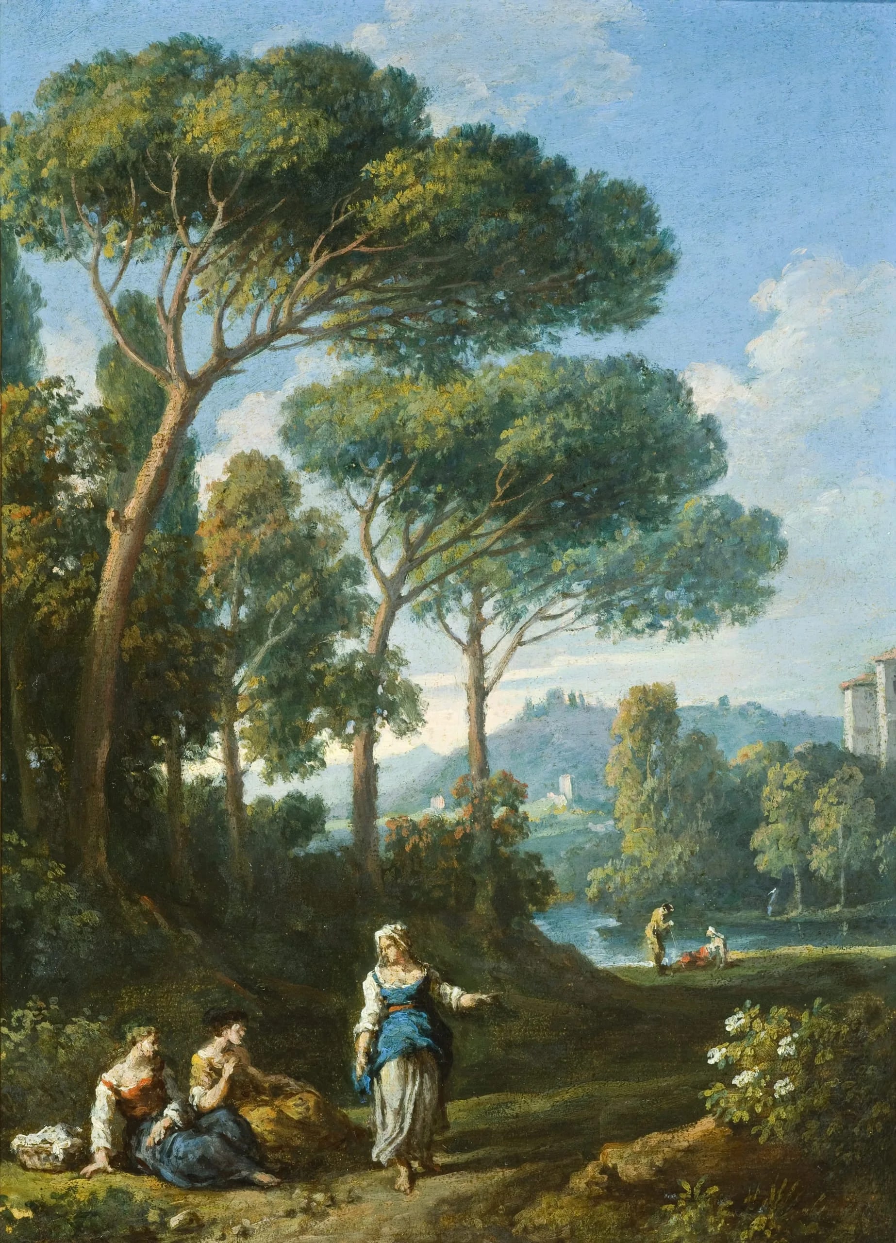 One of a Pair of Views of the Roman Campagna with Figures Conversing