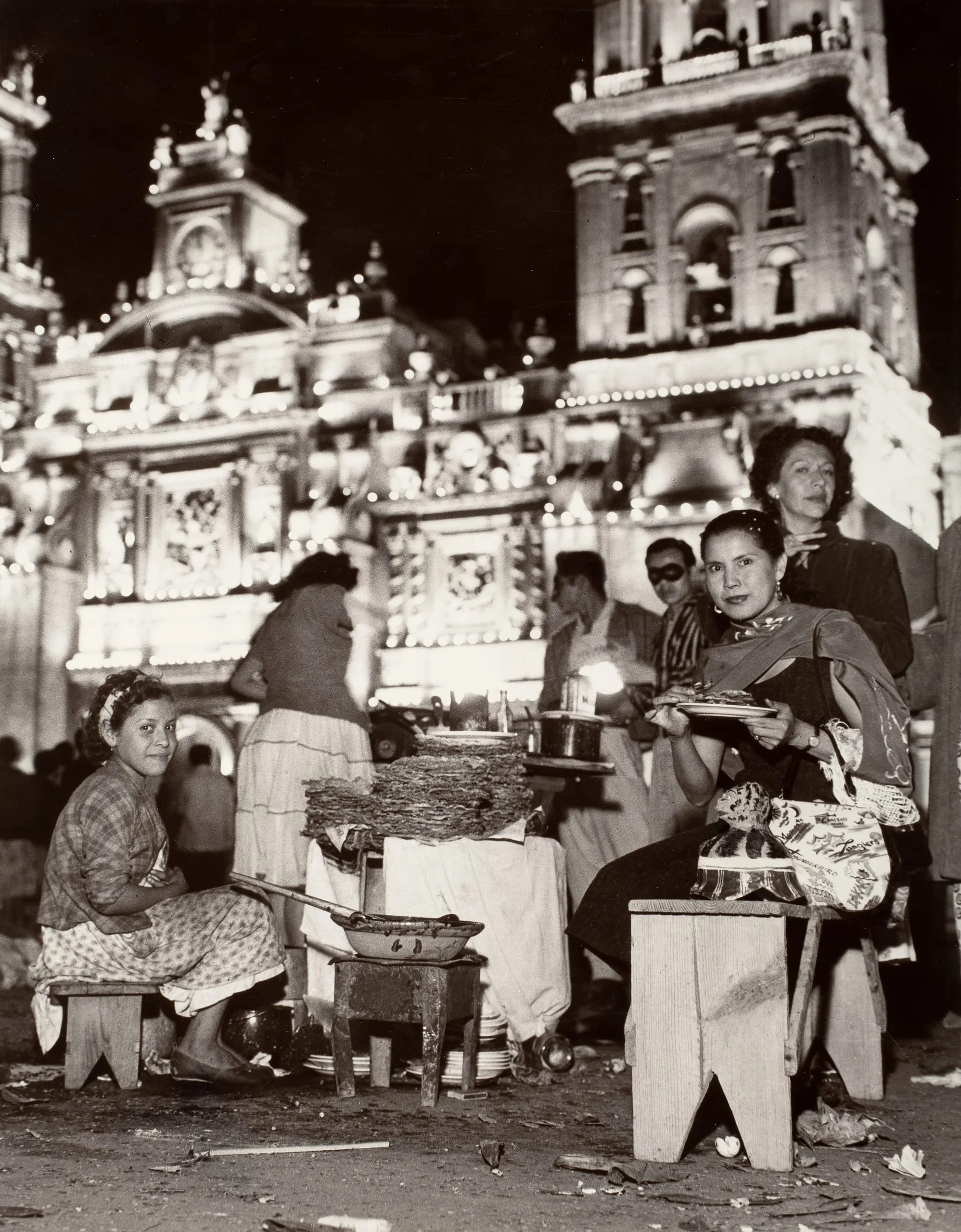 Mexico 1955 (Night/Women Eating before Cathedral)
