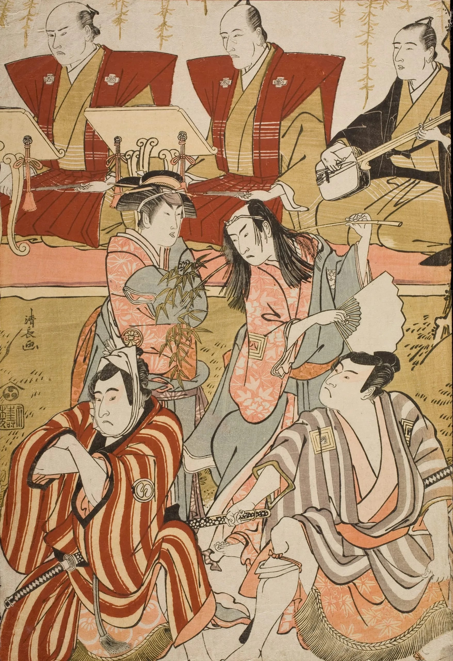 Actors Sawamura Sōjūrō III as Nuregami Chōgorō, Ichikawa Monnosuke II as Hanaregoma Chōkichi, Segawa Kikunojō III as Azuma, Ichikawa Yaozō III as Yamazaki Yogorō; with chanters Tokiwazu Kanedayū and Tokiwazu Namidayū, and accompanist Kishizawa Koshikibu