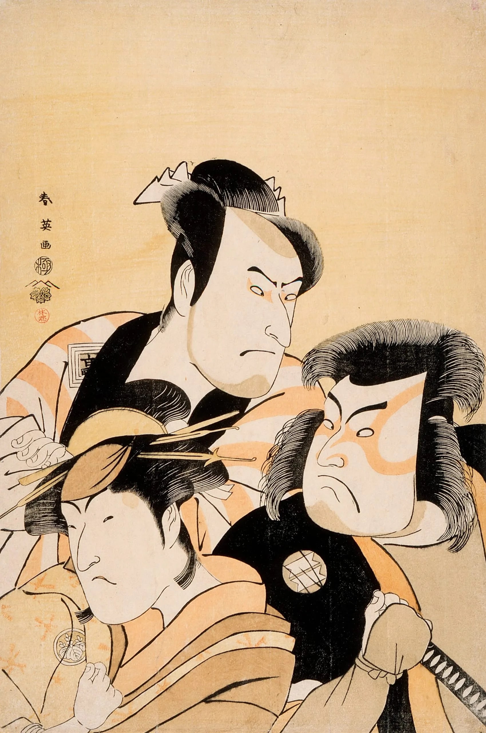 Bust Portrait of Three Actors Ichikawa Kōmazō III, Sakata Hangorō III, Nakayama Tomisaburō I