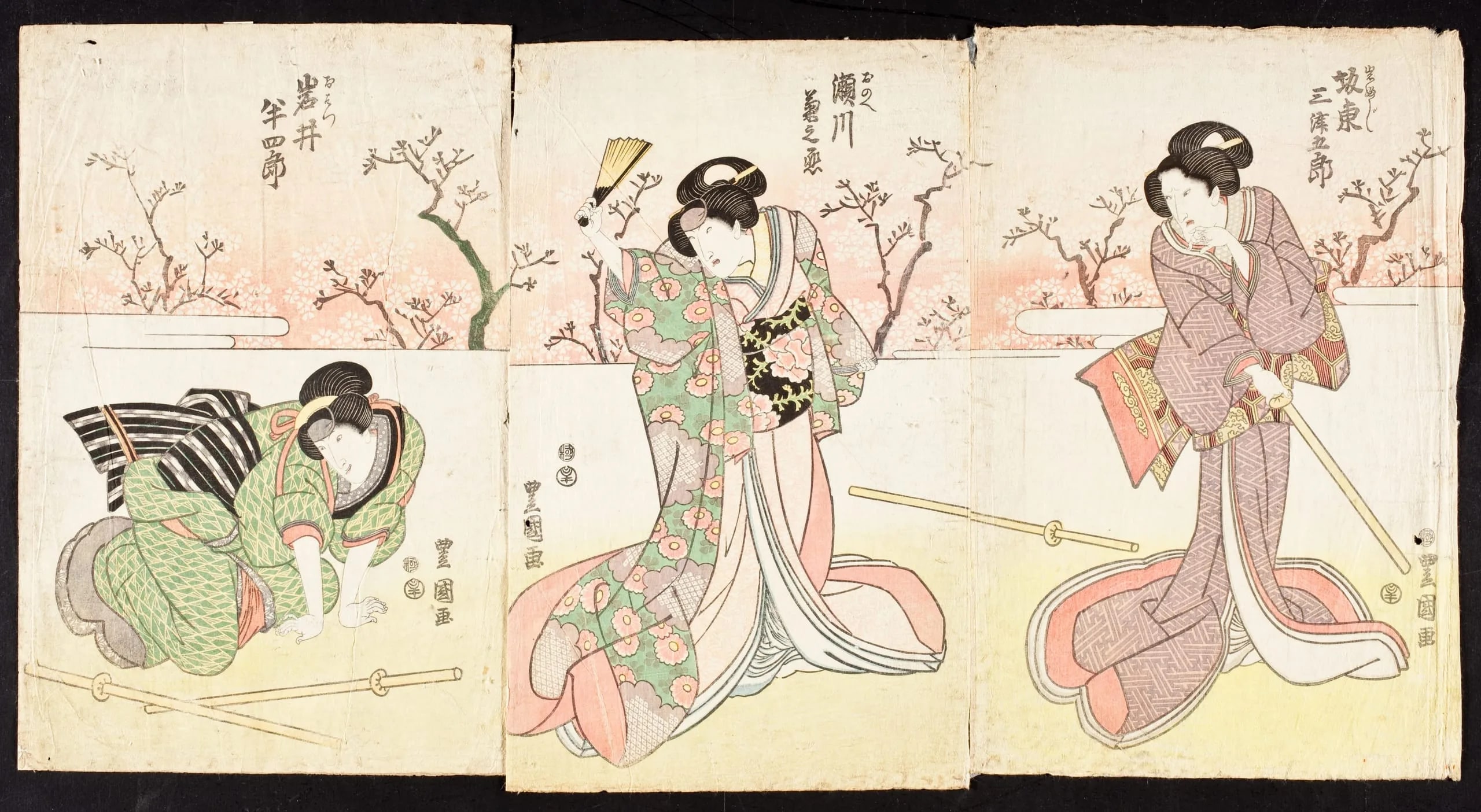 The Actors Bandō Mitsugorō IV, Segawa Kikunojo and Iwai Hanshirō VI as Iwafuji, Onoe  and the maid Ohatsu in the play Kagamiyama