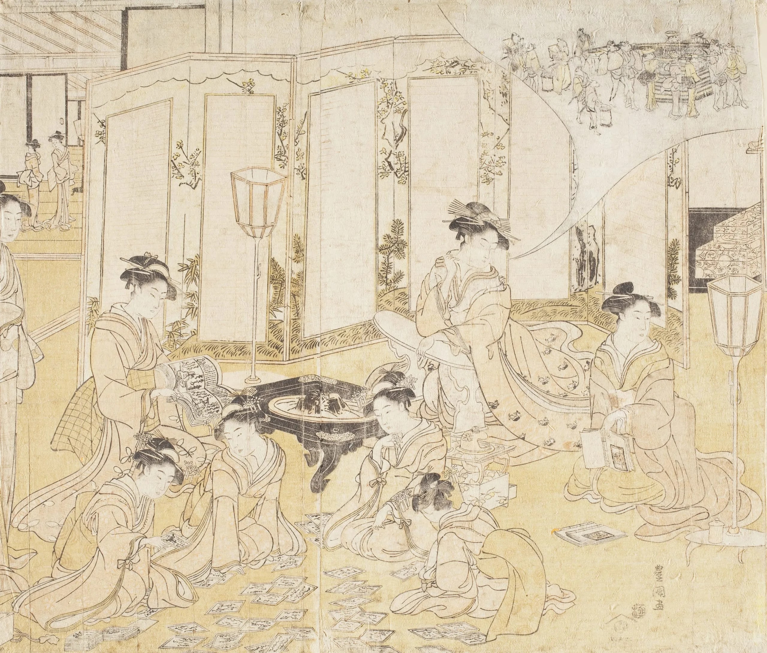 Women Playing Hyakunin Isshu Card Game as One Dreams of a Fox's Wedding