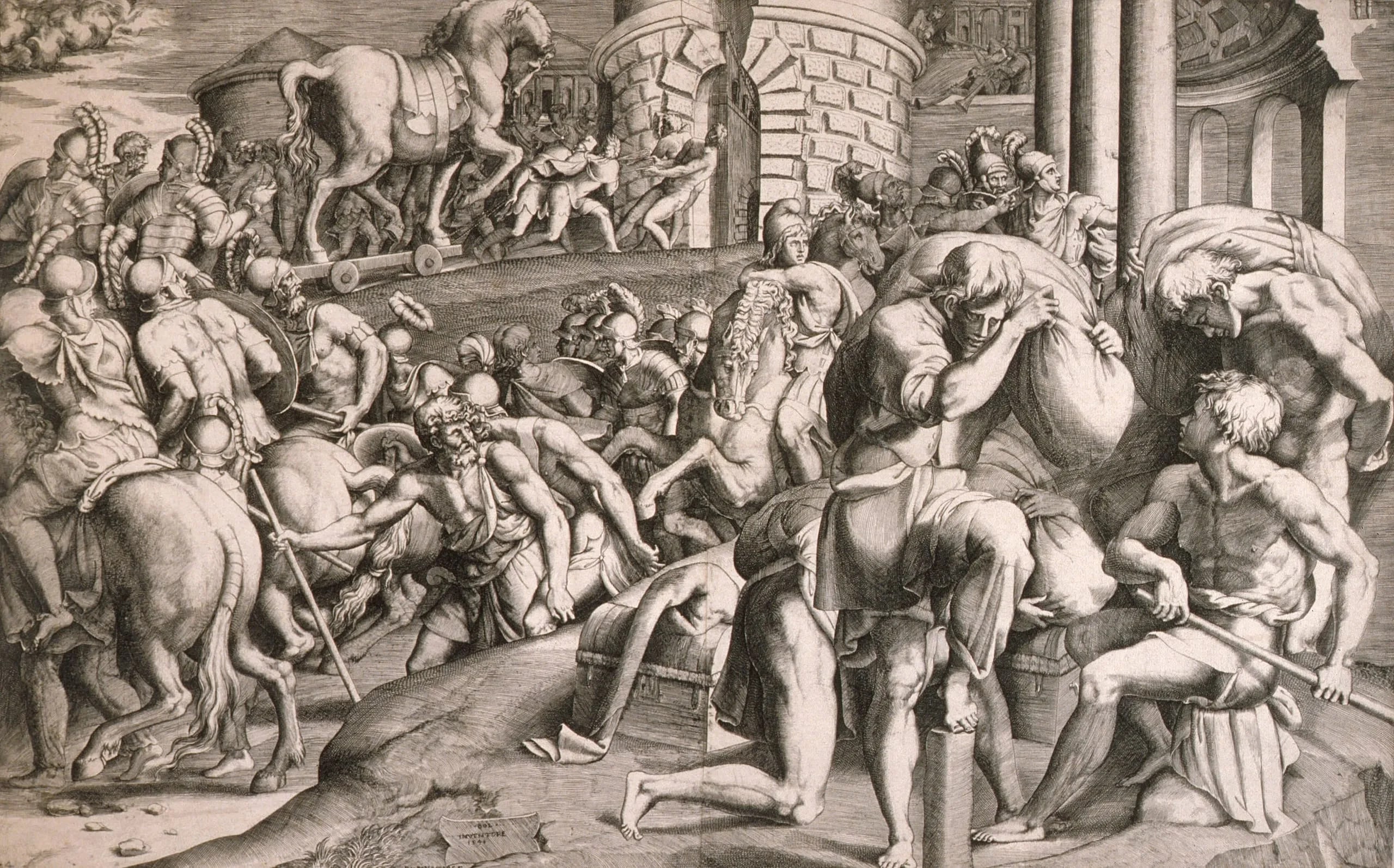 The Trojans Pull the Wooden Horse into the City