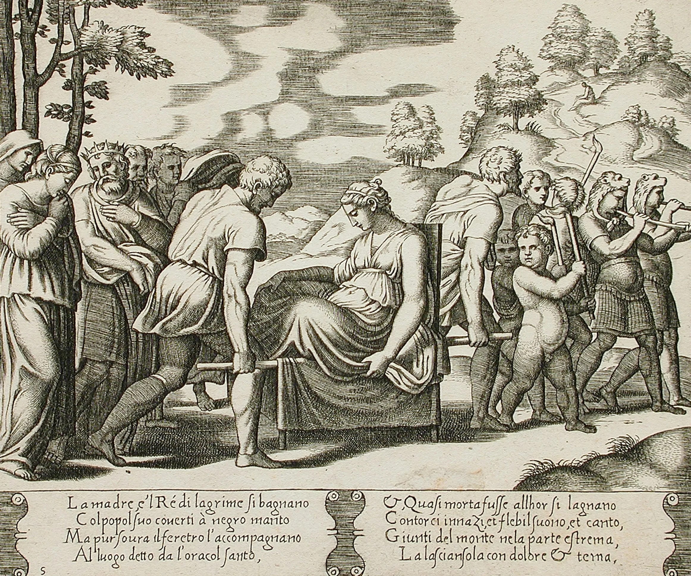 Psyche carried on a litter being taken to a mountain