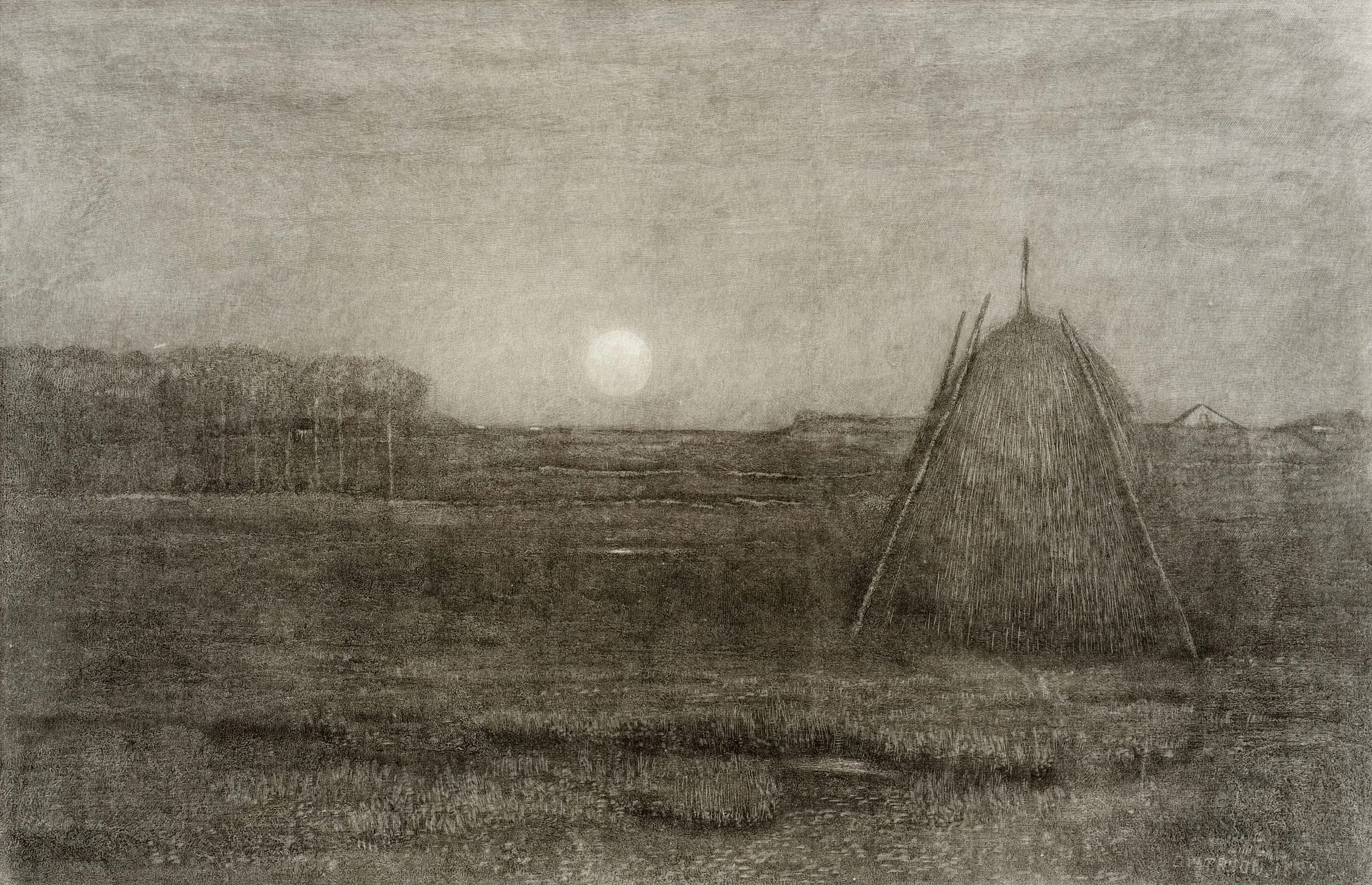 Moonlight Scene with Haystack