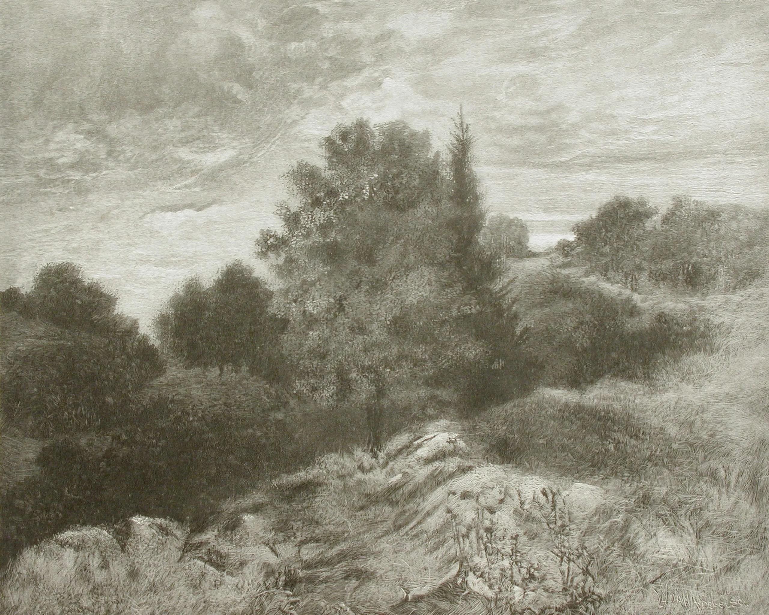 Landscape with Cloudy Sky, Trees and Grassy Slope
