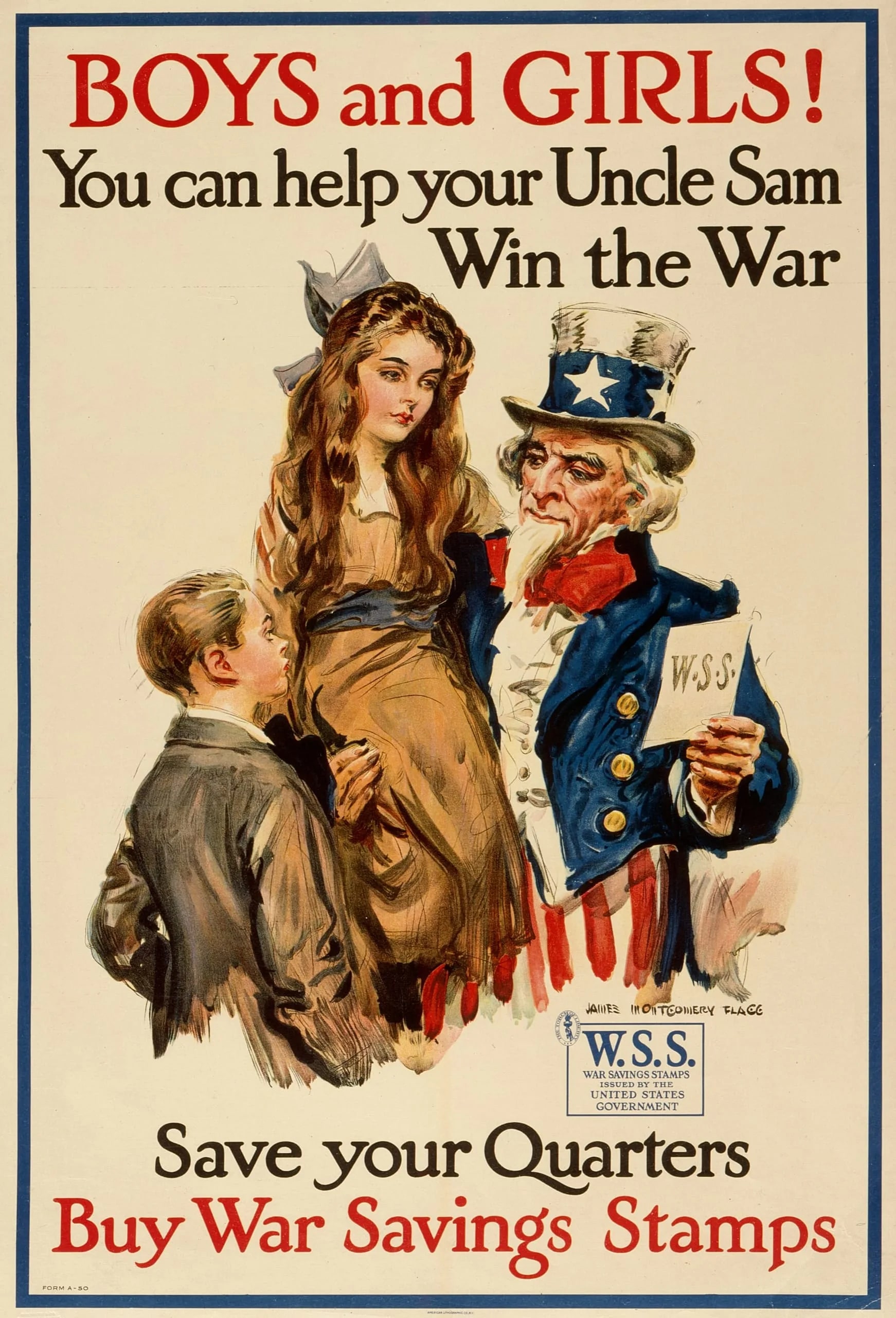 Boys and Girls!  You can help your Uncle Sam Win the War.  Save your Quarters.  Buy War Savings Stamps