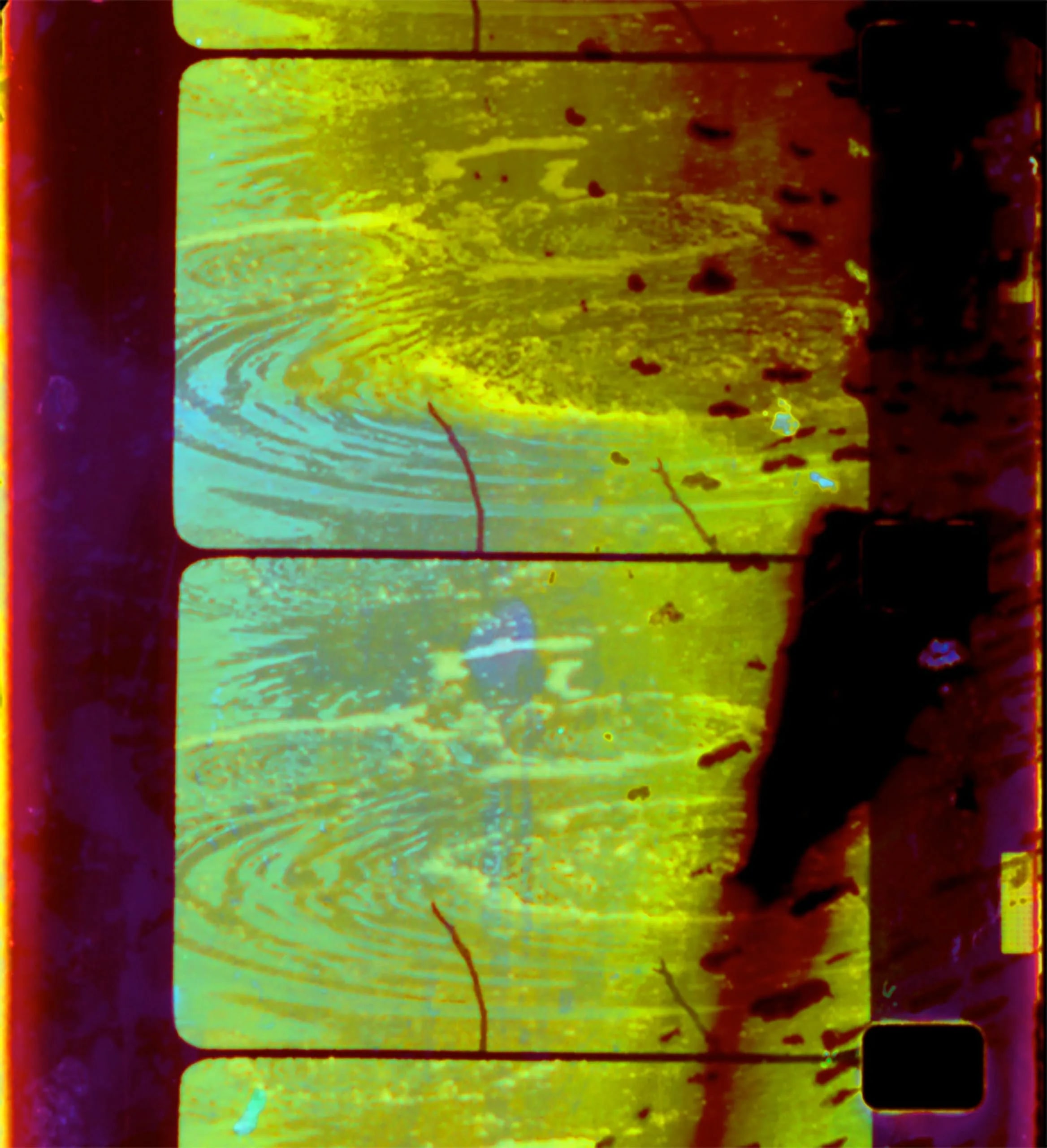 Tar Pits Film (16mm film negative thrown in the La Brea Tar Pits, ridden over hot tarmac by a motorcycle, soaked in kitty litter, lighter fluid, mayonnaise and body lotion)