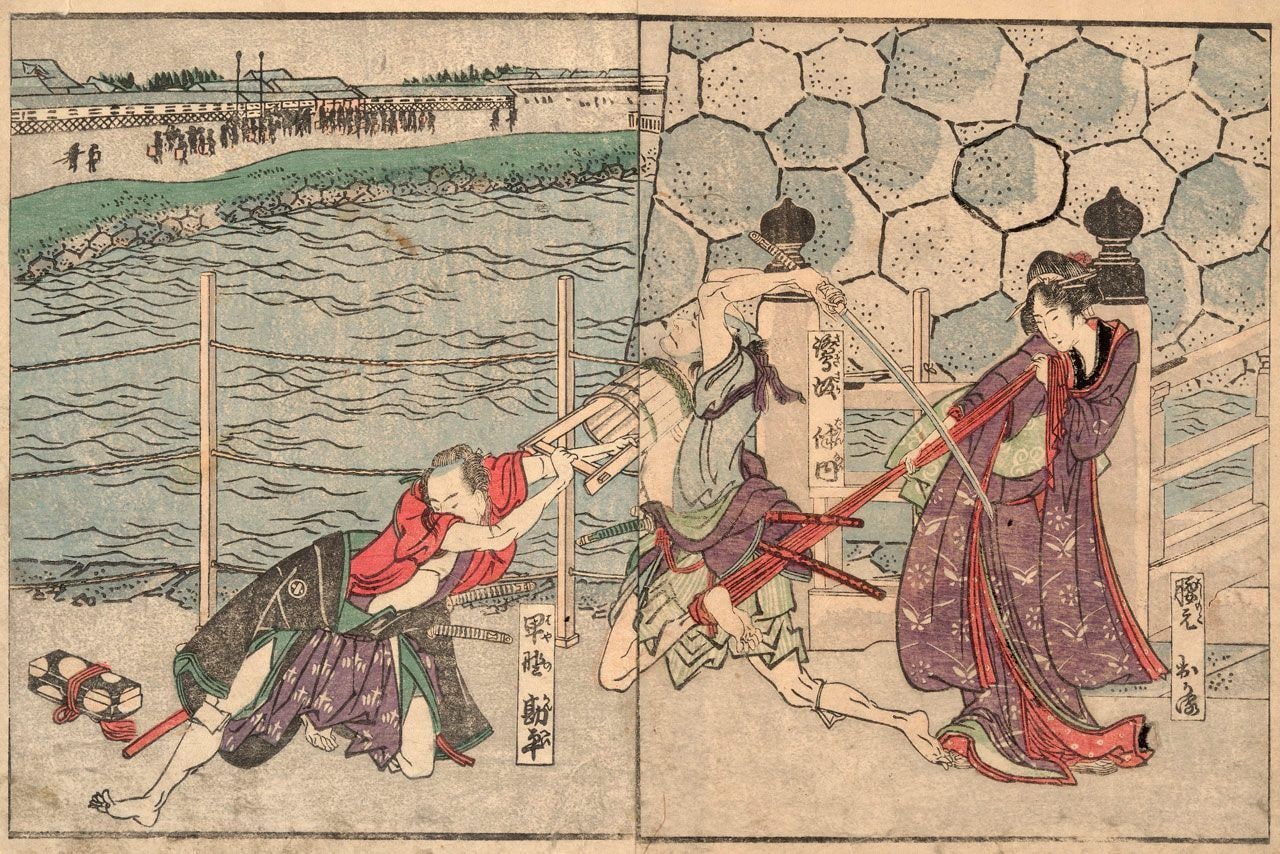 Kanpei and Okaru Fight Against Bannai, from Ehon Chûshingura, Act III