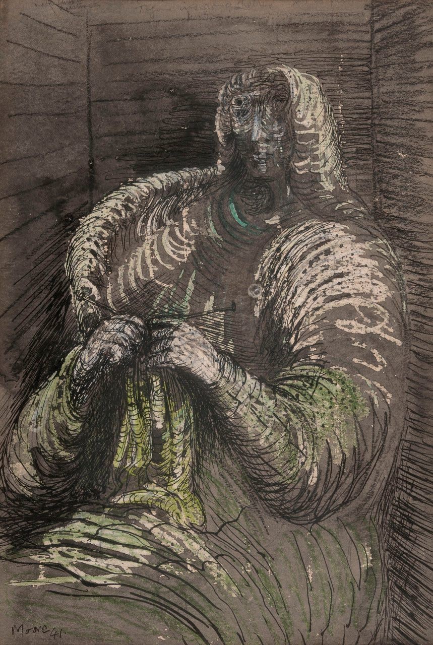 Shelter Drawing, Seated Woman Knitting