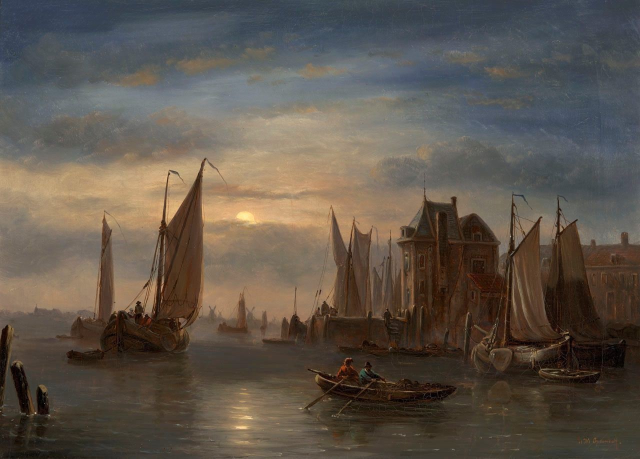 Harbor Scene by Moonlight