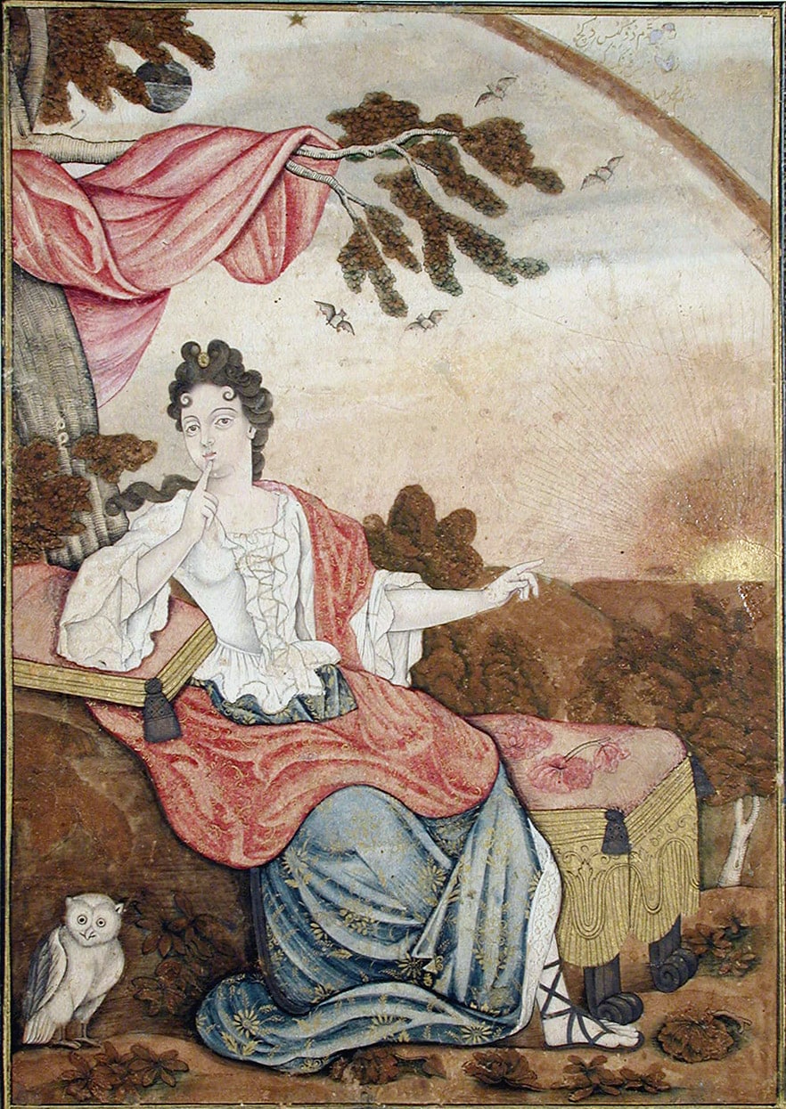 A European woman seated under a branch, with an owl