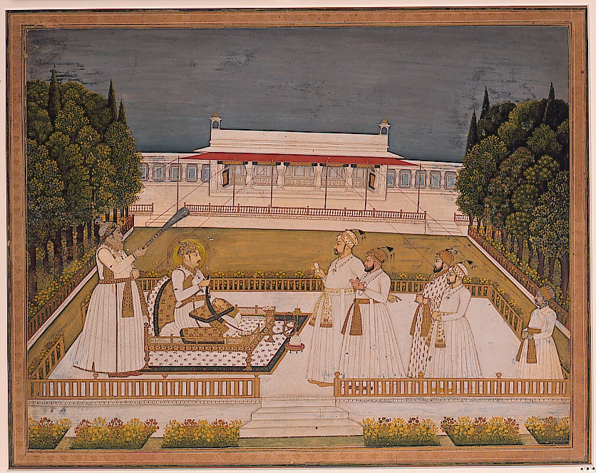 Muhammad Shah enthroned on a terrace at night with his officers